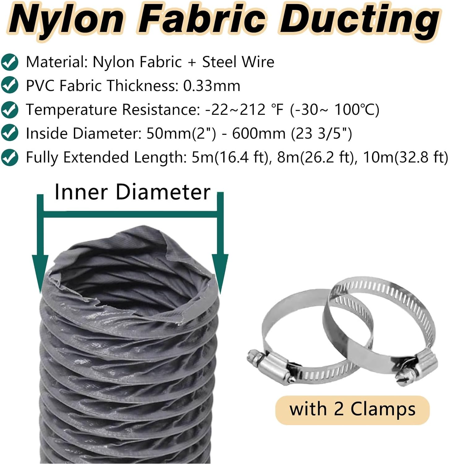 Nylon Range Hood Ducting Vent 24 20 15 20 8 6 4 2 In, Insulated Flexible Duct Hose for Basement/Bathroom/Tight Space Exhaust Fan(ID 9 4/5 in,Long 16ft)