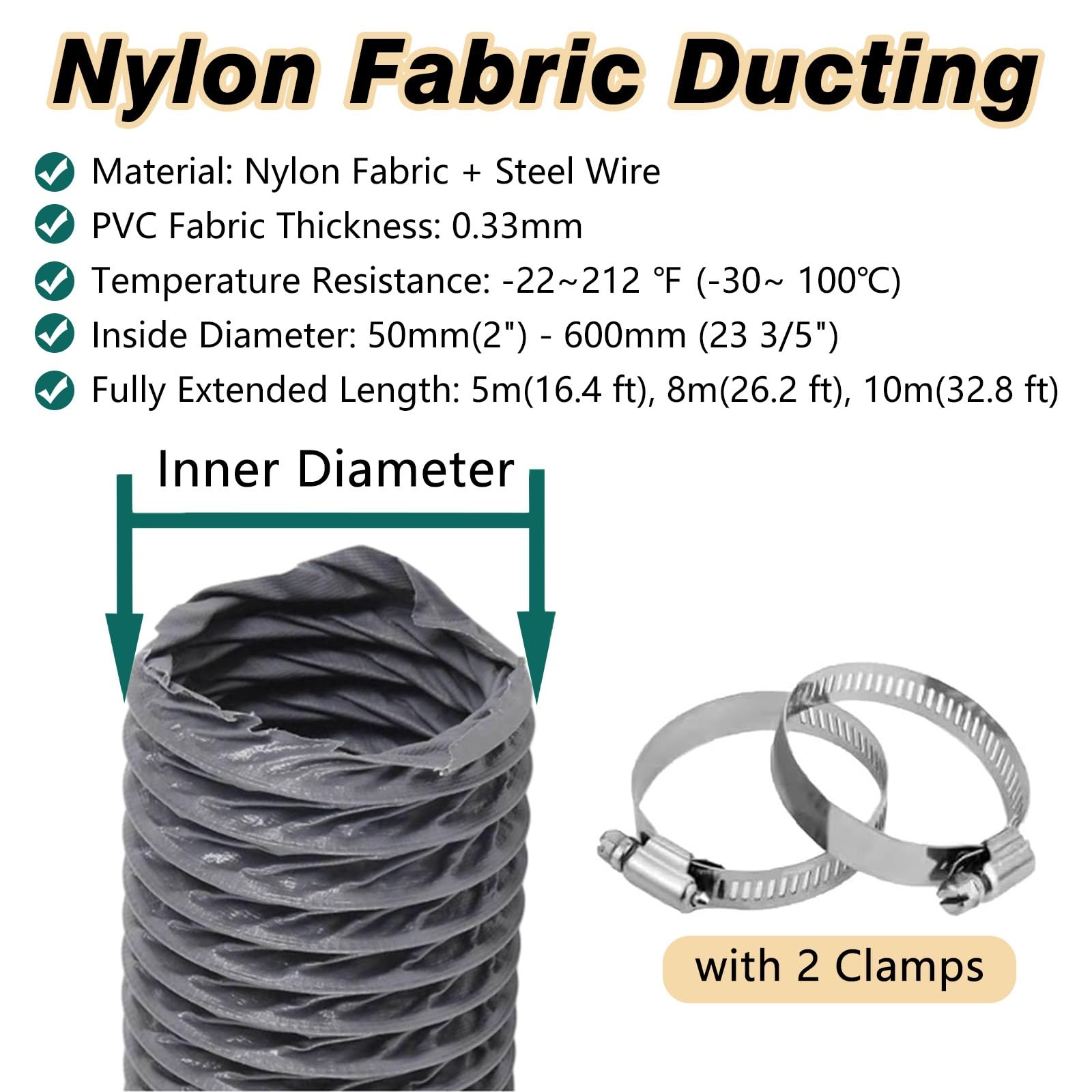 Tubo Flexible Conducto De Ventilación De Nailon Para Campana Extractora, Manguera Flexible Aislada Para Extractor De Aire En Sótanos, Baños Y Espacios Reducidos, Tubo De Ventilación Para Áticos.(Dia 4