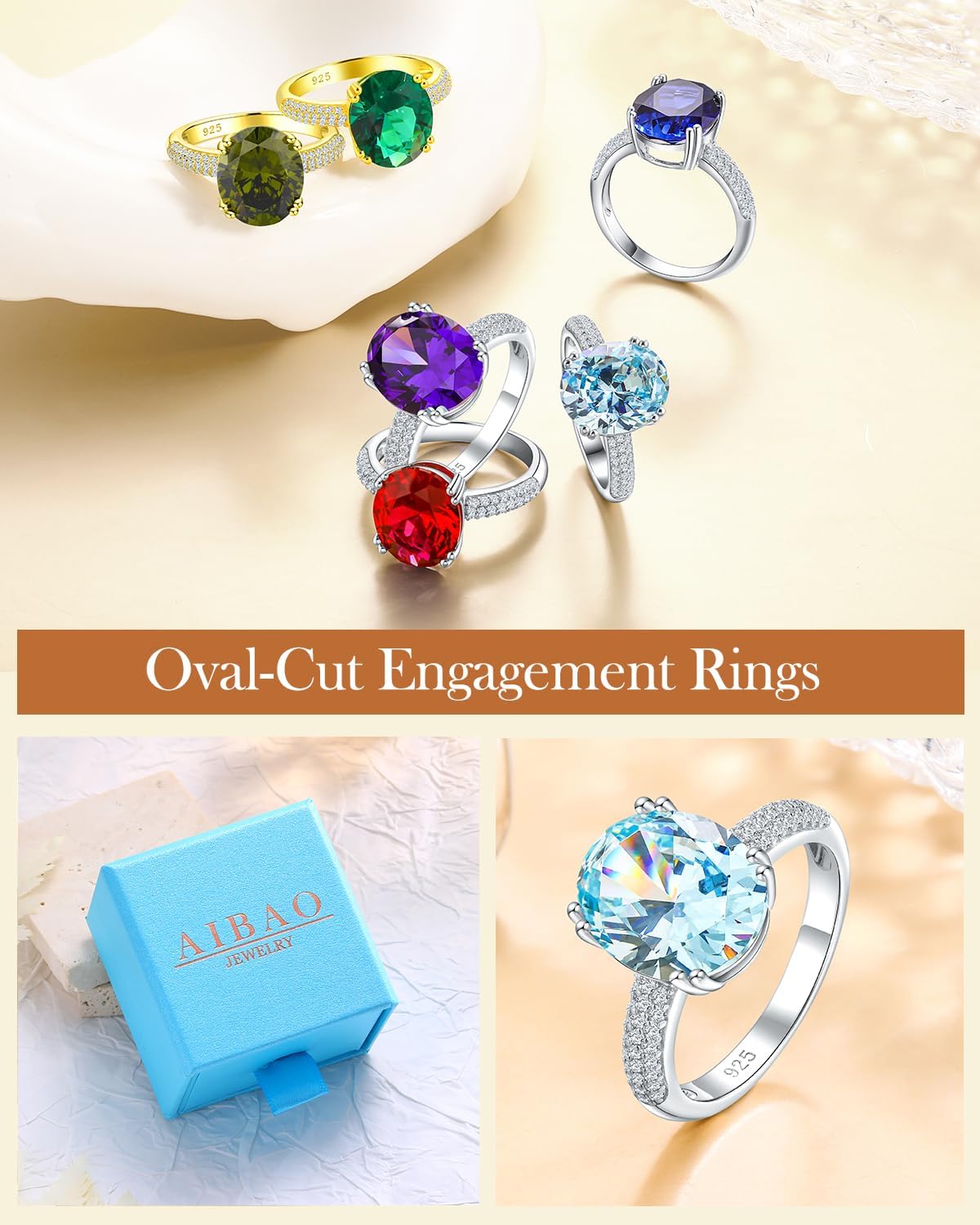 AIBAO Sterling Silver Oval Engagement Rings for Women Large Ruby/Sapphire/Emerald/Aquamarine/Peridot/Amethyst Birthstone Ring Anniversary Wedding Jewelry Size 6 to 10 - Image 6