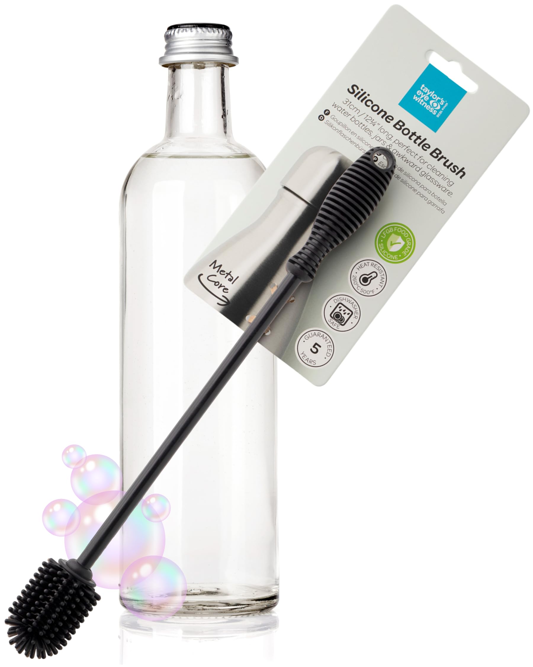 Taylors Eye Witness Silicone Bottle Brush 31cm – Long Handle Water Bottle Cleaner for Baby Bottles, Sports Bottles, Glassware & Narrow Neck Vases – Heat Resistant, Durable Silicone Bristles – Black
