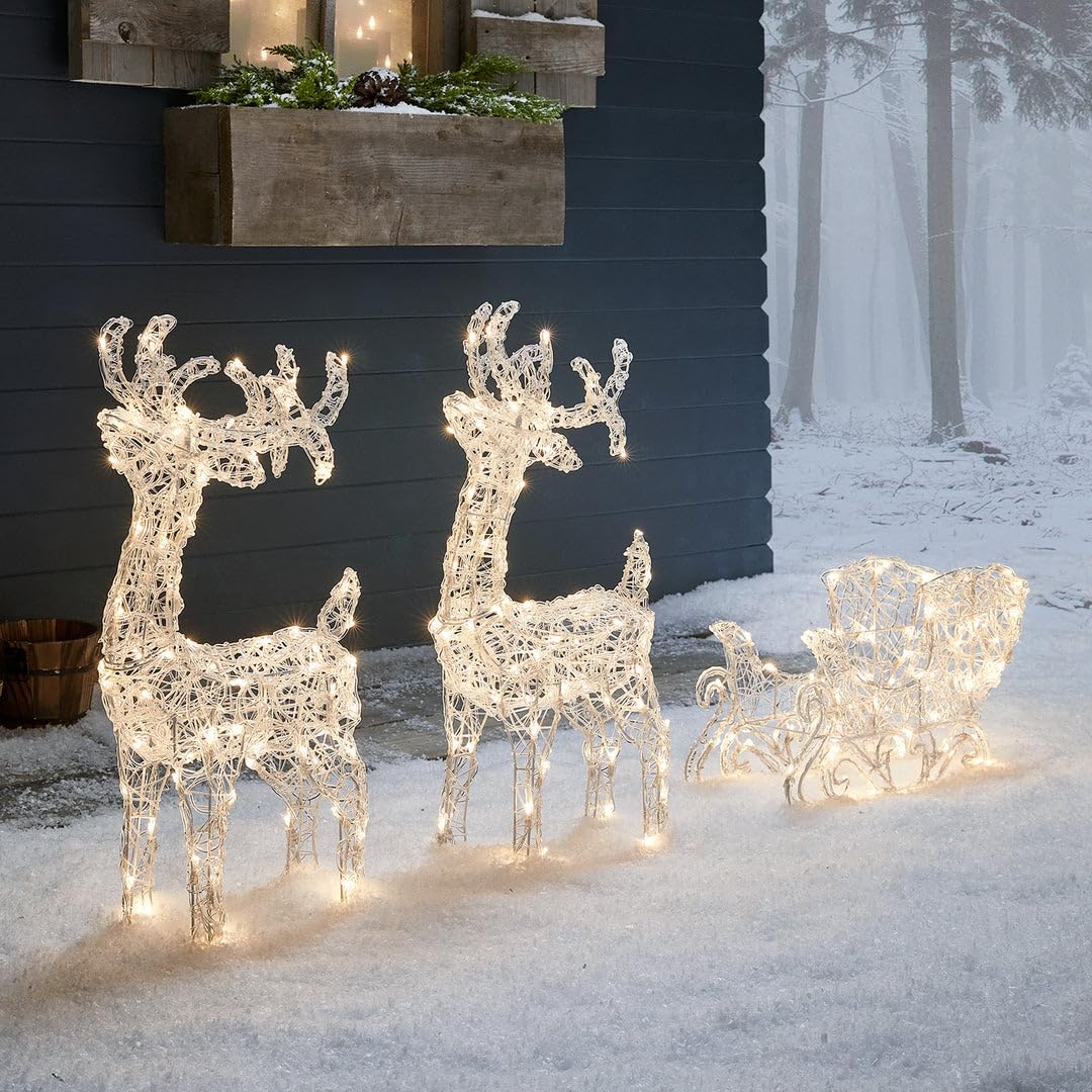 Lights4fun „Swinsty“ Solar-LED-Rentiere mit Schlitten | mit 240 LEDs, Timer & Fernbedienung | Weihnachtsdekorationen für außen | Solarbetrieben | Figuren Rentiere Garten Beleuchtung | Höhe 31 cm