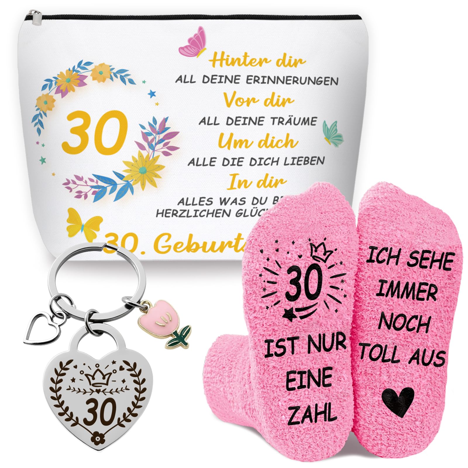 WAMIOKAGRO Geschenke 30 Geburtstag Frauen, Geburtstagsgeschenk für Frauen, Socken Kosmetiktasche und Schlüsselanhänger, Geschenke für Frau Freundin Mama Ehefrau Schwester Kollegin