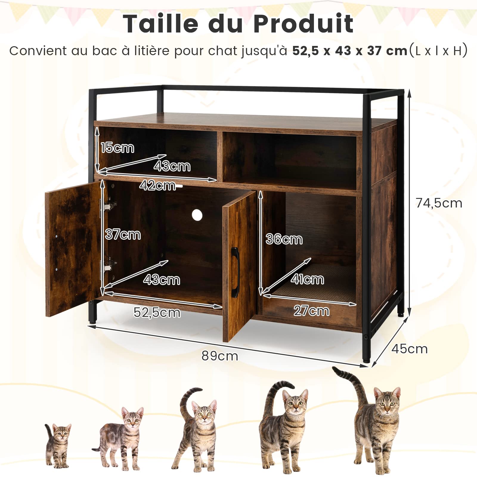 COSTWAY Meuble Litiere Chat en Bois, Meuble Cache Litiere Double Porte 2 en 1, Planche à Griffer Amovible, Cadre en Métal, 1 Passe-Câble, 2 Compartiments, Maison de Toilette Chat, Café