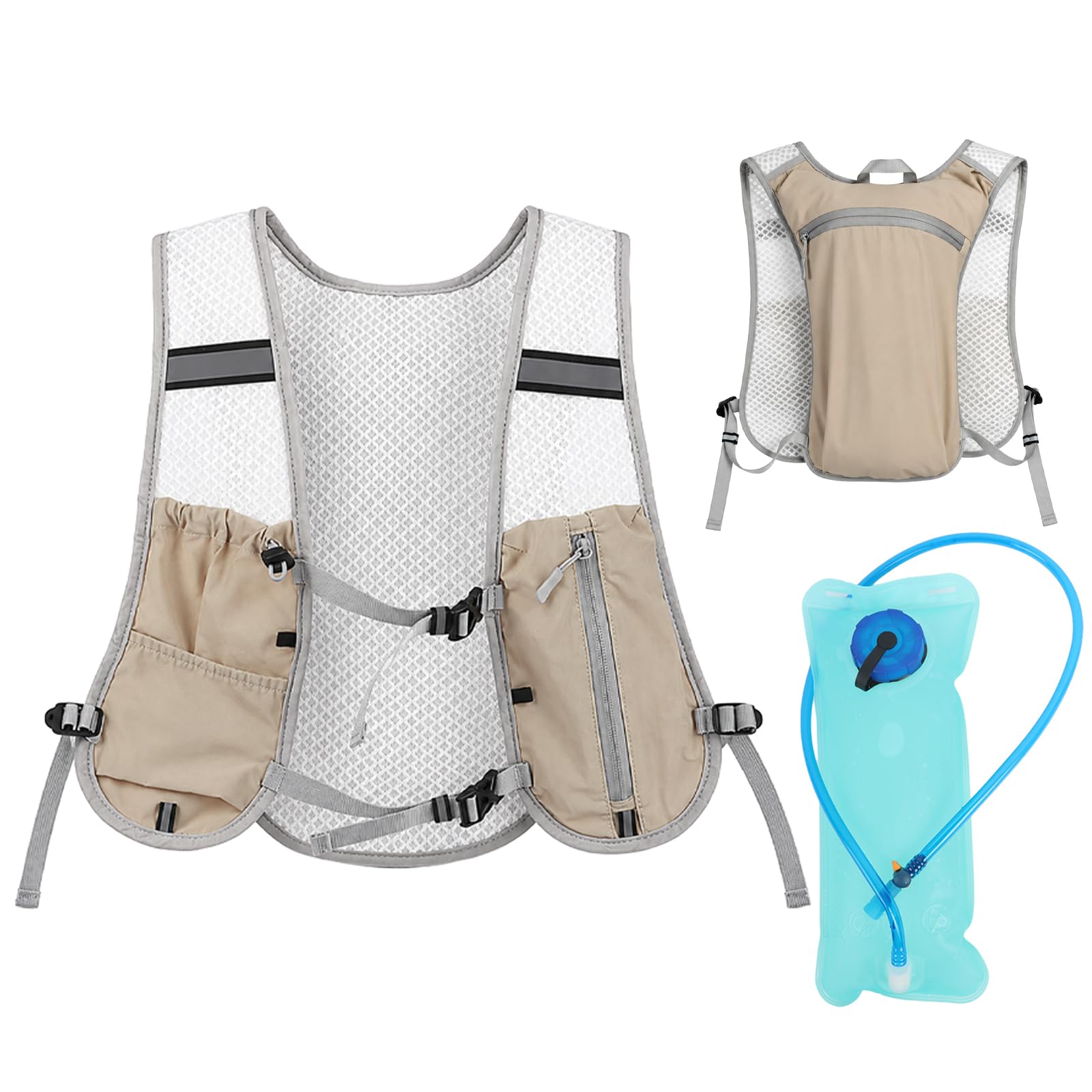 Running Vest Women Men, 5L Lightweight Running Hydration Vest with 2L Water Bladder and Phone Holder, Ideal for Hiking Cycling and Trail Running (Khaki)