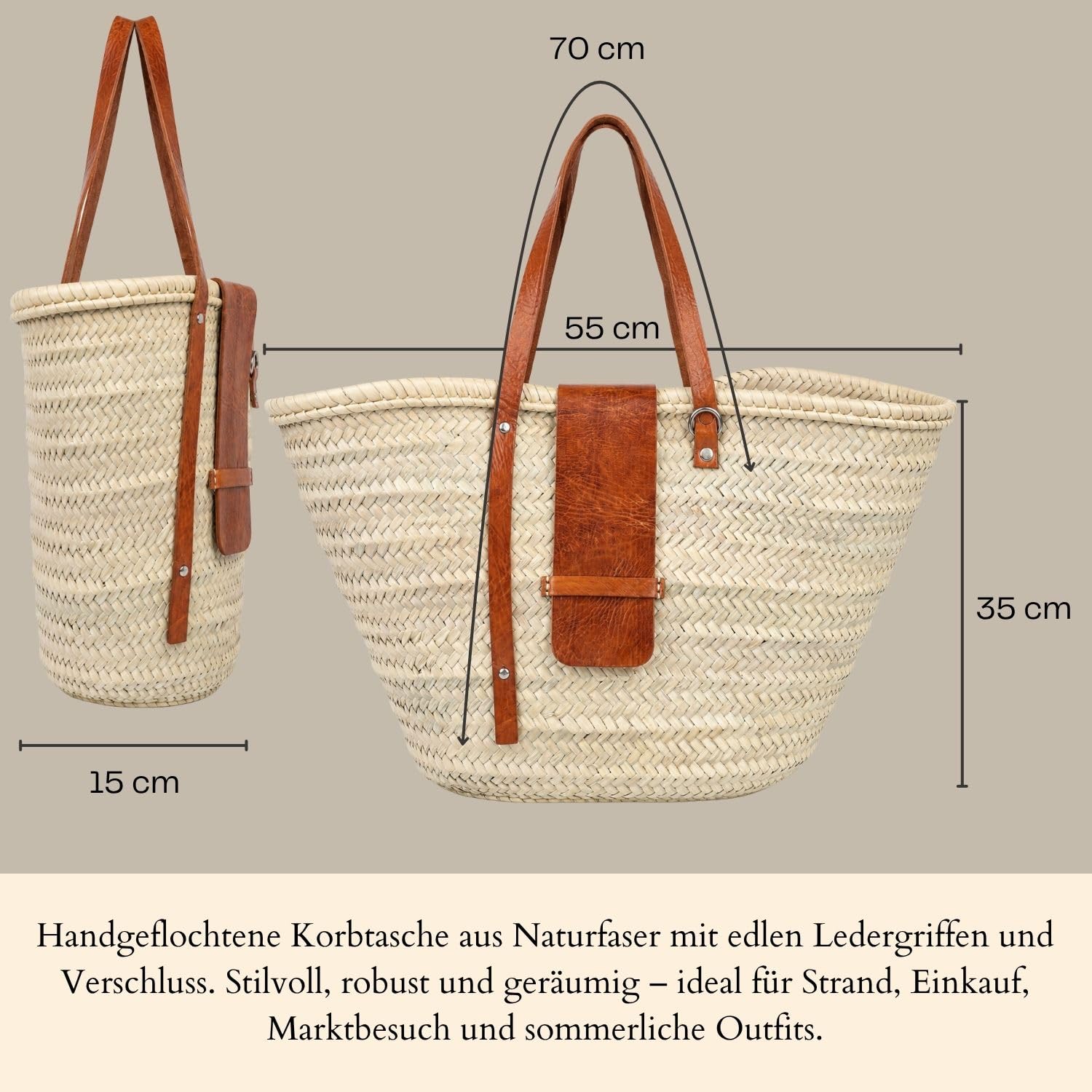 Ibiza Birdie - Bolso de mimbre (55 cm), diseño de hoja de palma y piel natural