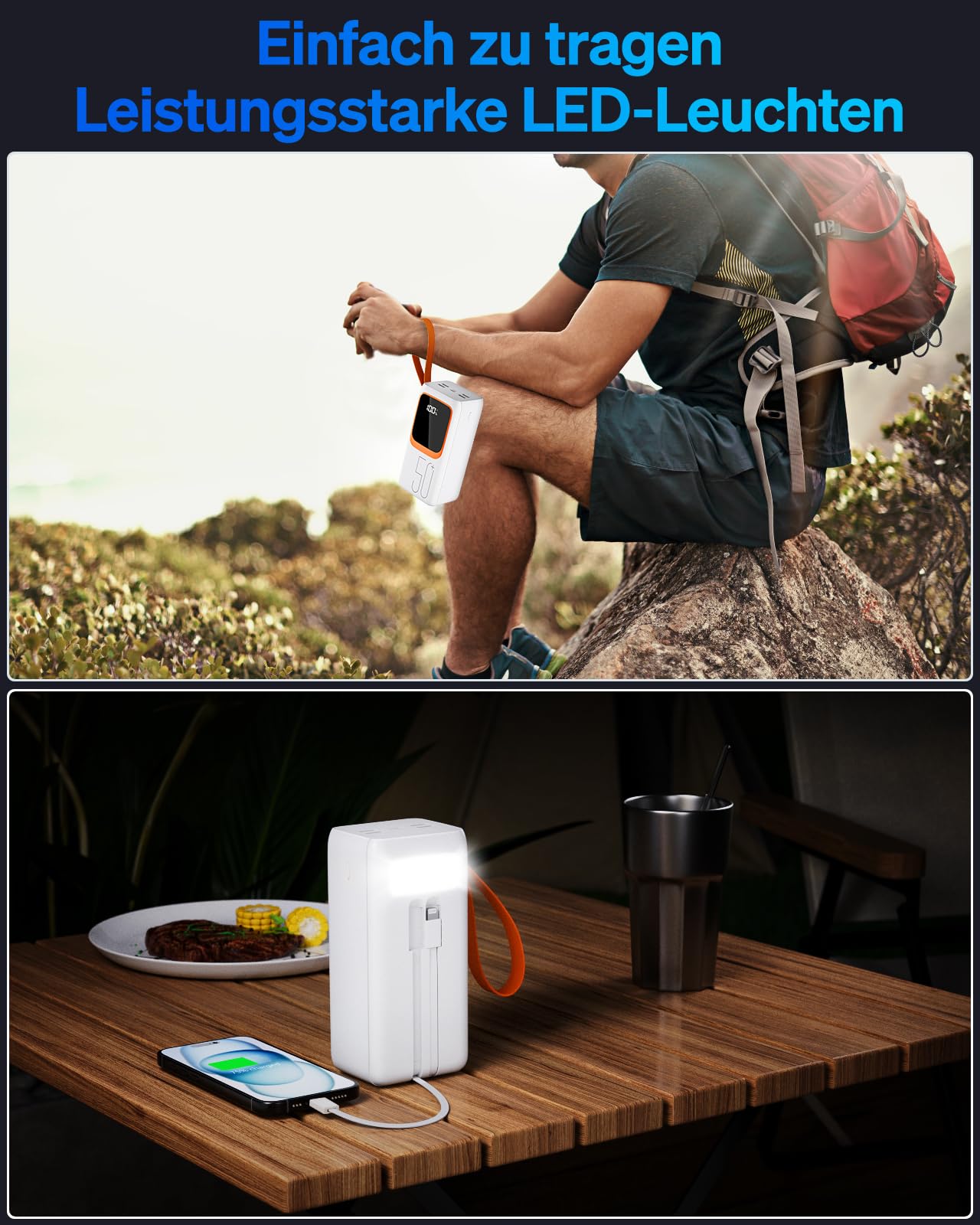 Batería externa de 50000 mAh con cable integrado: batería externa de carga rápida de 22,5 W con gran capacidad, cargador portátil con linterna LED y 7 salidas y 3 entradas. RoidaRadio con