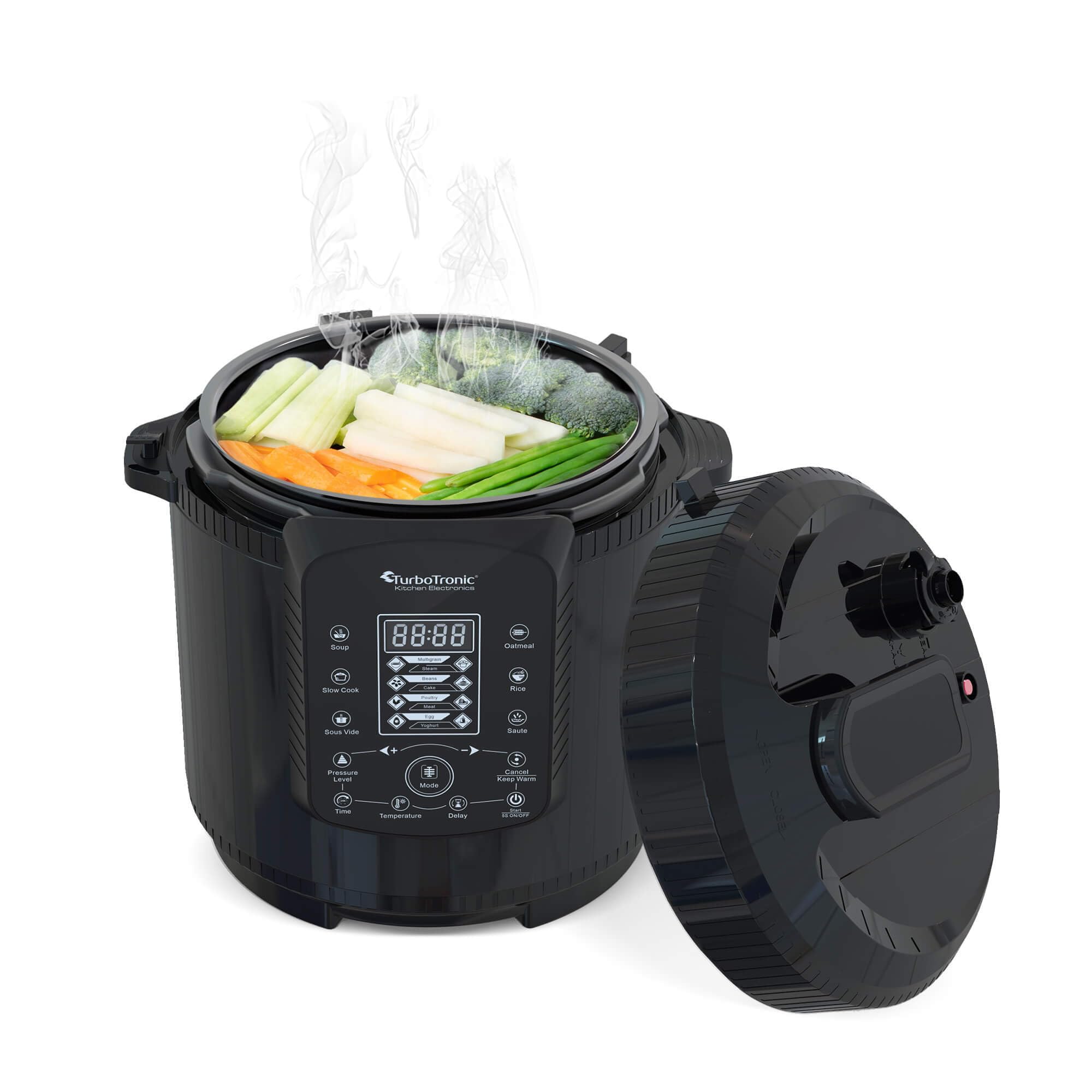 TurboTronic Druckkochtopf 6L mit 2x Topf Edelstahltopf und beschichtet, Dampfgarer, Multikocher, elektrischer Schnellkochtopf, Dampfkochtopf Schwarz