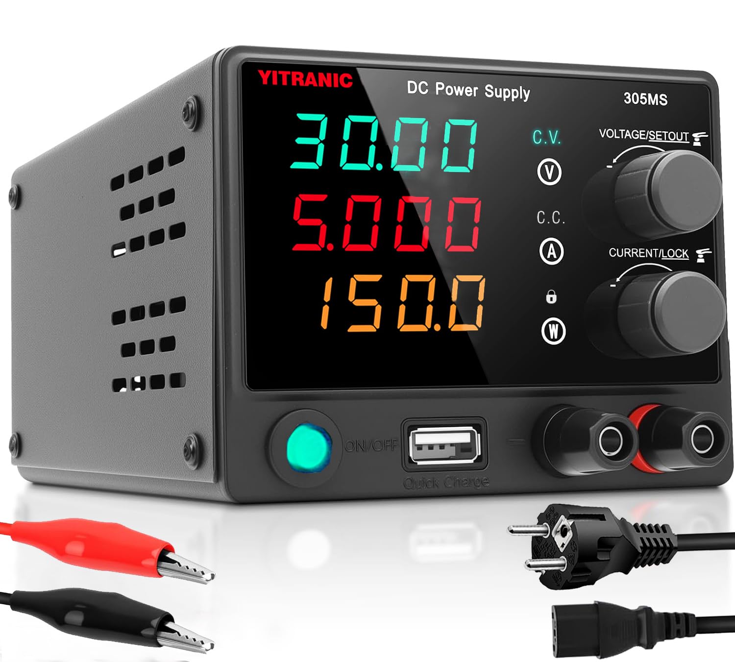 Labornetzteil DC, 0-30V 0-5A Regelbar, 4-stelliger LED-Anzeige Labornetzgerät mit QC18W USB Schnellladung, für Elektronik, Labor, Reparatur