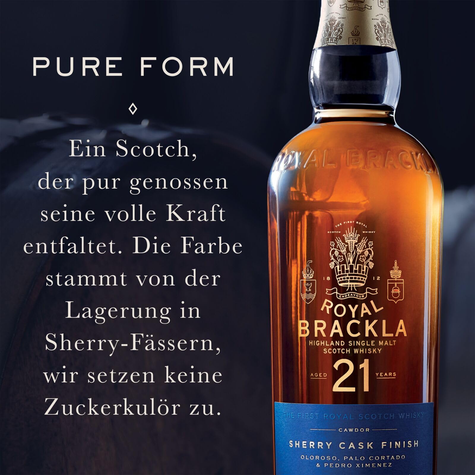 Royal Brackla 21 Jahre alter Highland Scotch Single Malt Whisky in edler Geschenkbox, in Pedro Ximénez, Oloroso und Palo Cortado Sherryfässern veredelt, Whisky-Geschenkset, 46 Vol%, 70 cl/700 ml