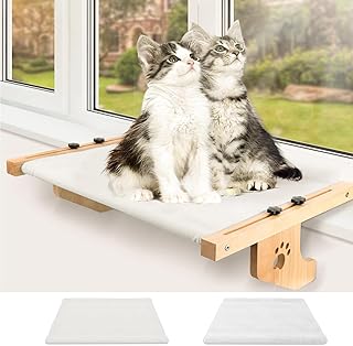 Cat Hammock Window Perch with Wood & Metal Frame for Large Cats,Washable Steady Cat Shelf,Adjustable Pet Kitten Cat Beds for Windowsill Bedside Holds Up to 40 lbs (L-27.5’’x15’’x6.9''-Two Covers)