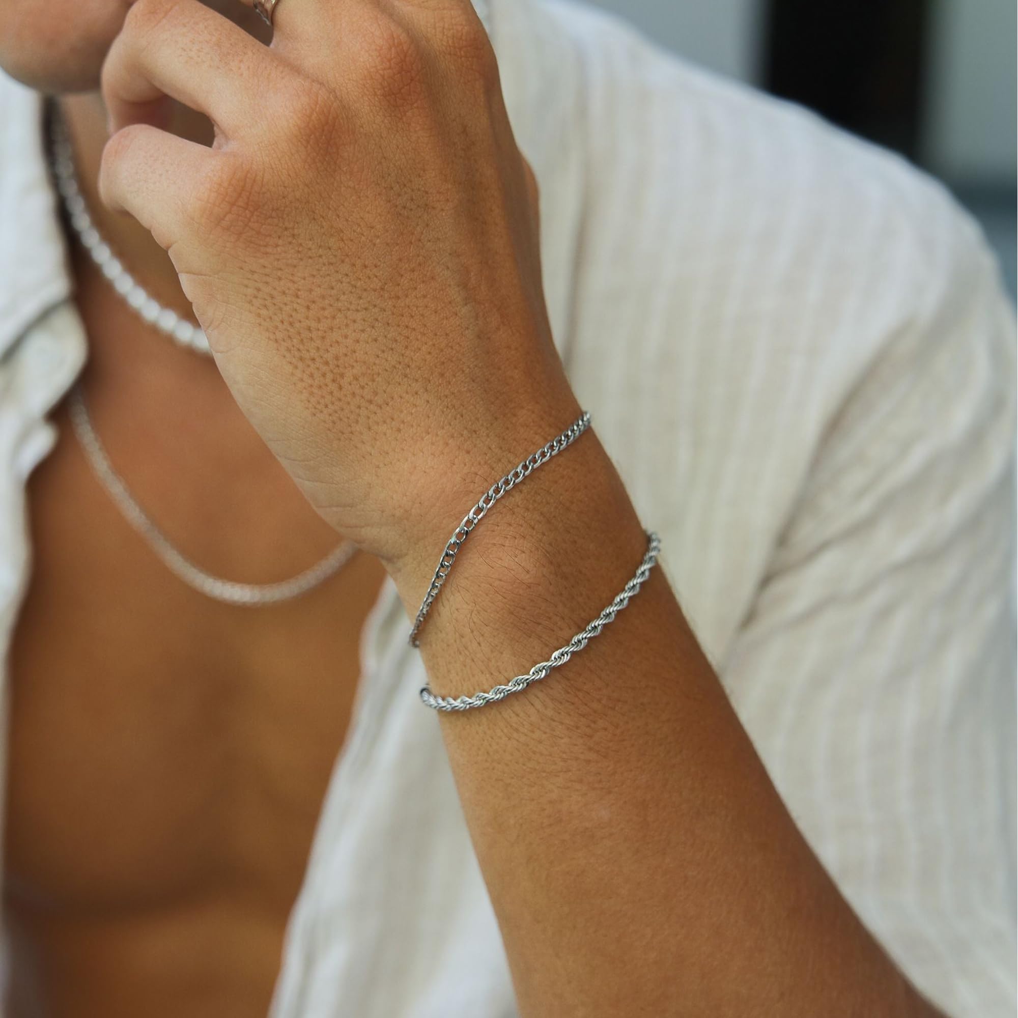 Pulsera de plata para hombres y mujeres, pulsera de acero inoxidable, pulsera de eslabones cubanos apilados, conjuntos de pulseras de cadena de plata, paquete de pulseras de plata para hombre 7