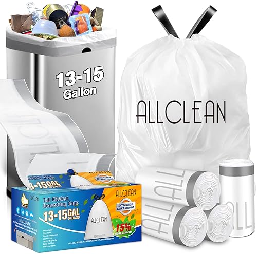 Allclean Bolsas de basura de 13 a 15 galones, bolsas de basura altas para cocina con cordón, bolsas de basura reciclables ultra fuertes, sin