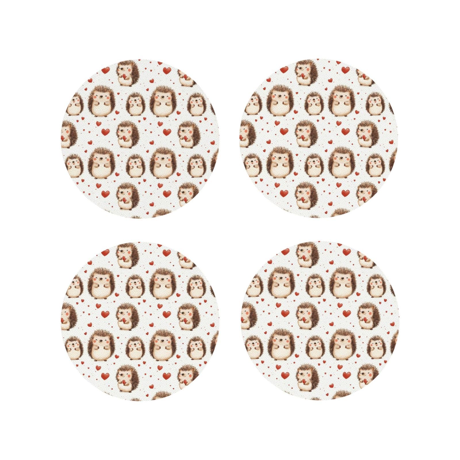 Leather Coasters Set of 4 - Heart Cute Hedgehog Print Lightweight Drink Coasters for Desk