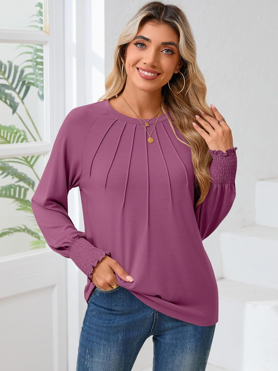 Women's Tops Dressy Casual Long Sleeve Pleated Shirts Crewneck Loose Basic T-Shirt Blouses 2024 Trendy Fall Clothes - Image 4