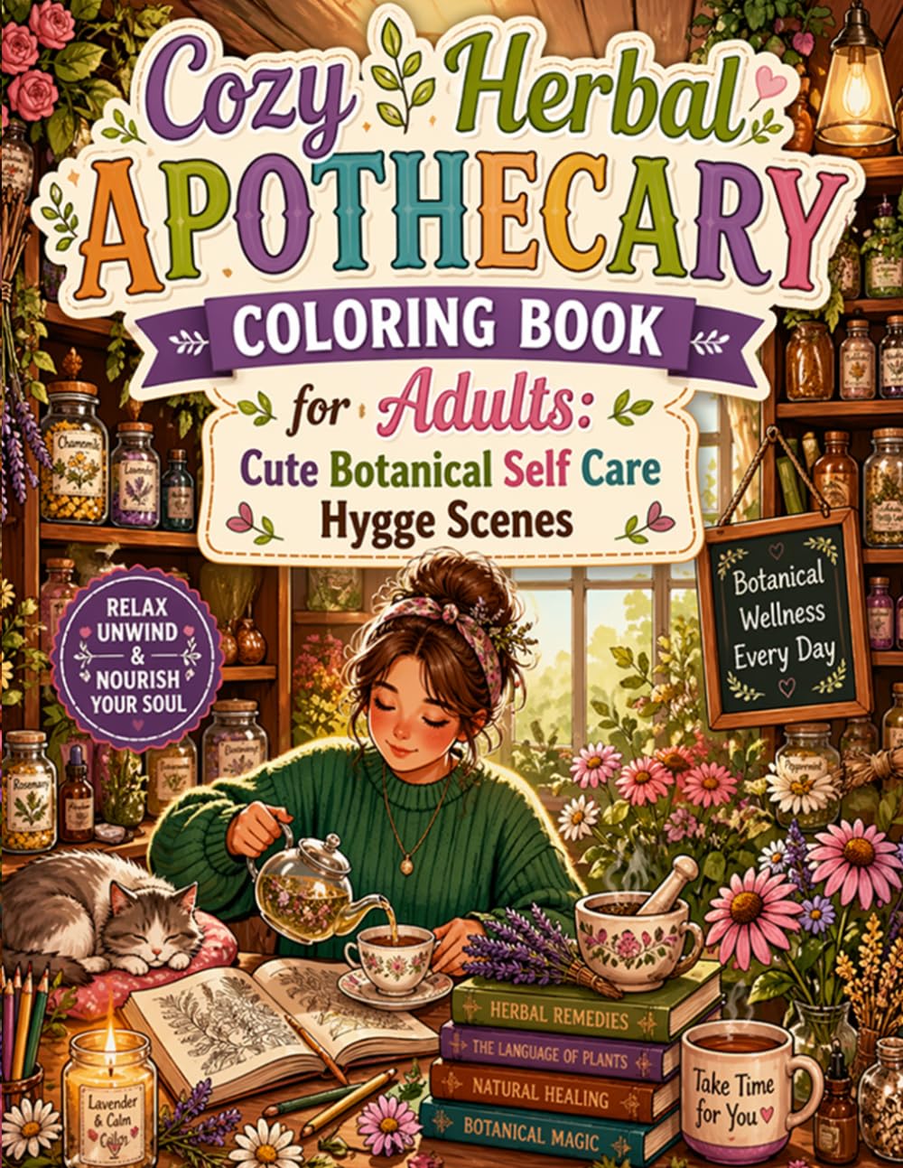Cozy Herbal Apothecary Coloring Book for Adults: Cute Botanical Self Care Hygge Scenes: Relaxing Herbal Wellness Coloring Pages with Cozy Hygge Moments Plants Tea Rituals and Vintage Apothecary Scenes