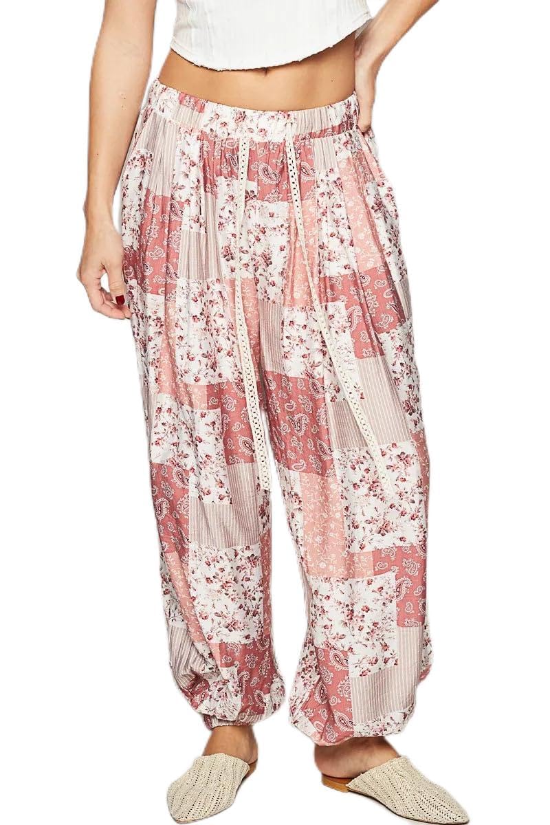 POL Drawstring Floral Patchwork Wide Leg Pants Rose Multi L
