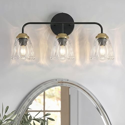 Moderna lámpara de tocador de baño, aplique de pared de 3 luces, marco de metal negro con detalles de latón, pantallas de vidrio ondulado