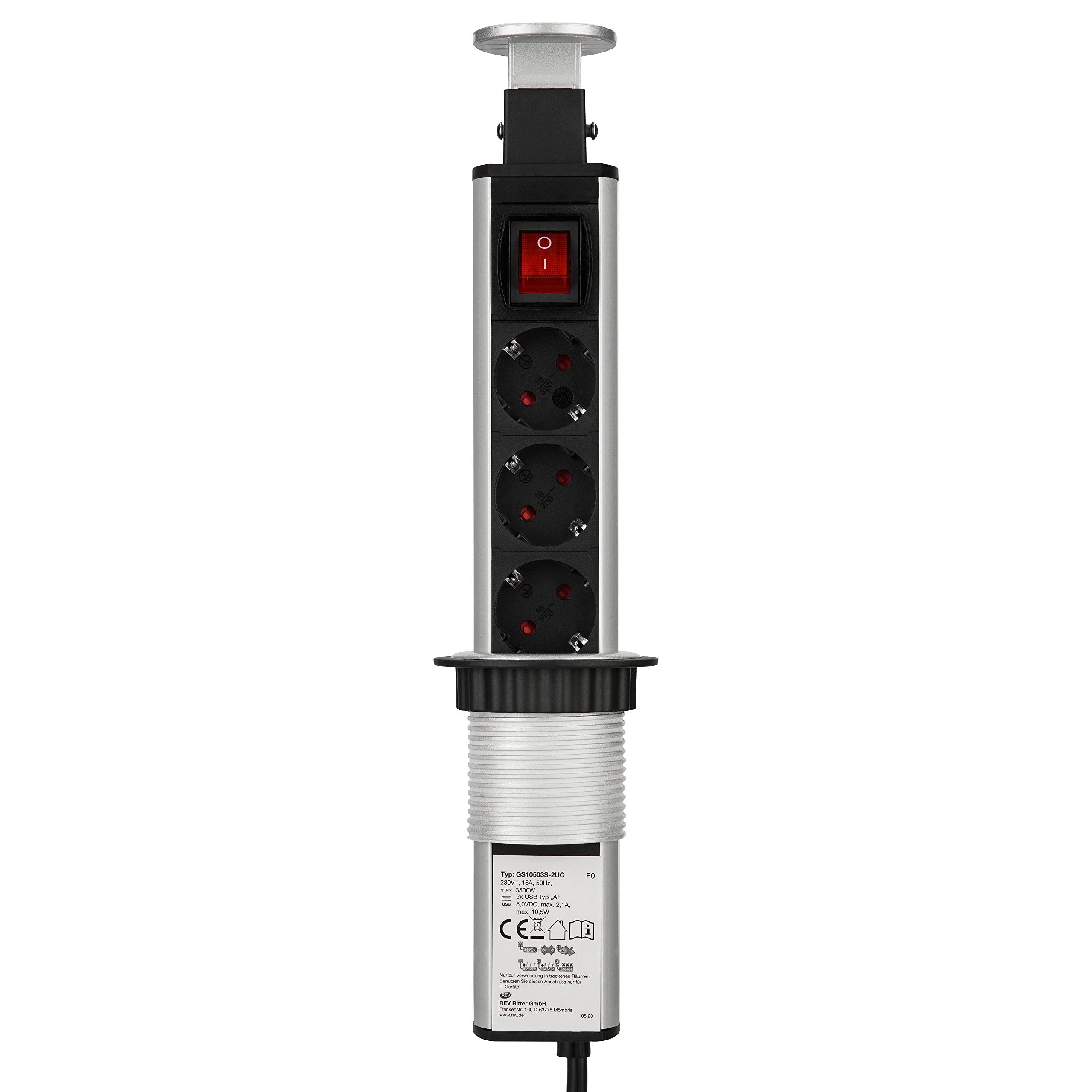 REV 0012398712 Mehrfachsteckdose, Steckdosensäule 3fach + USB, versenkb. 1,5m, 3500W, schwarz