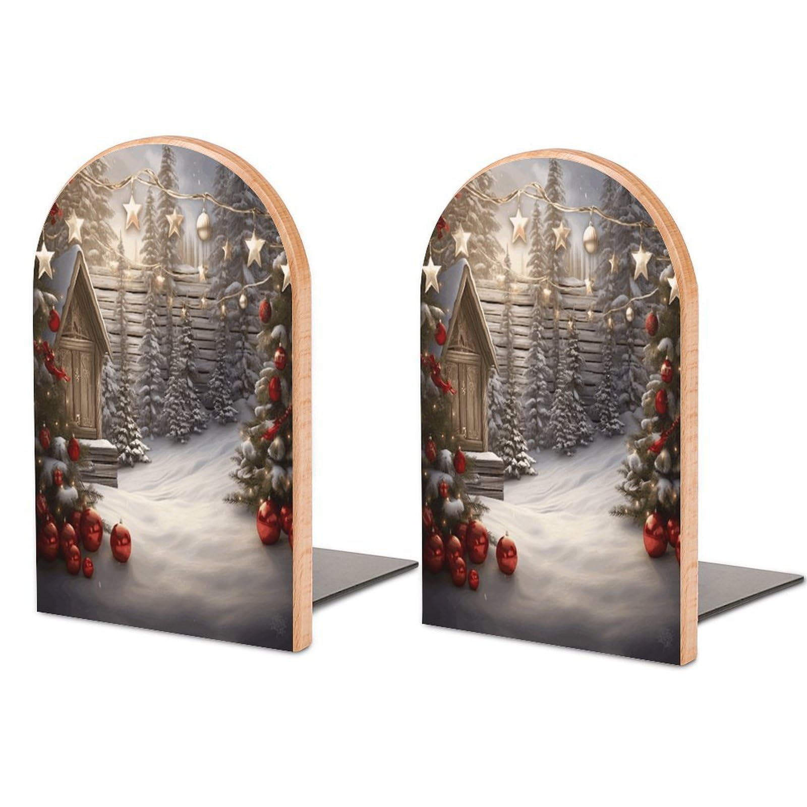Christmas Wood Bookends for Shelves Non Skid Book Stoppers Universal Economy Bookend Heavy Duty Wood Book End Decorative Book Shelf Holder for Home Office Desk 1 Pair