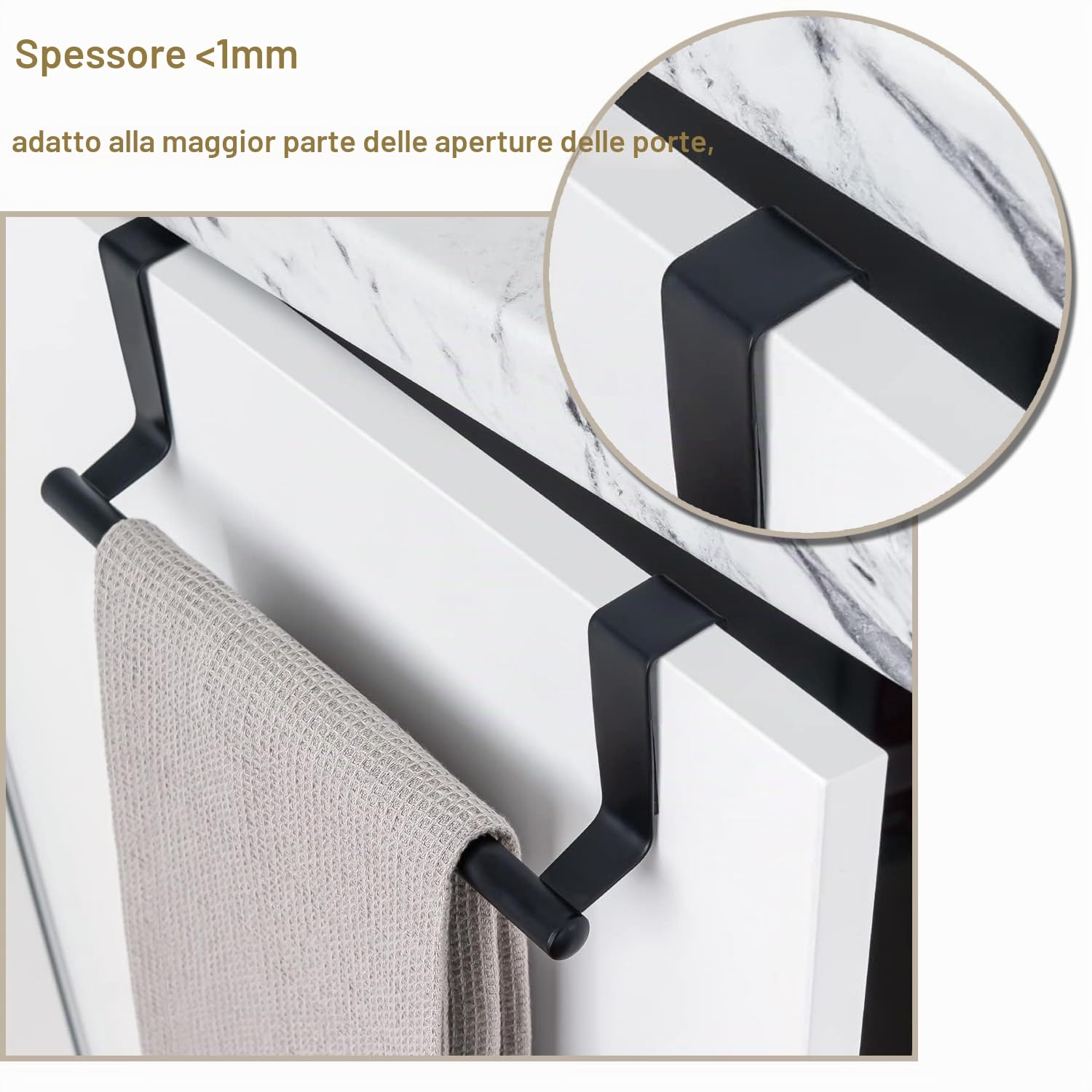 Portasciugamani da porta, in acciaio inox, porta asciugamani da cucina, da appendere, (non è necessario forare), per appendere gli asciugamani, 24 cm di lunghezza, nero.