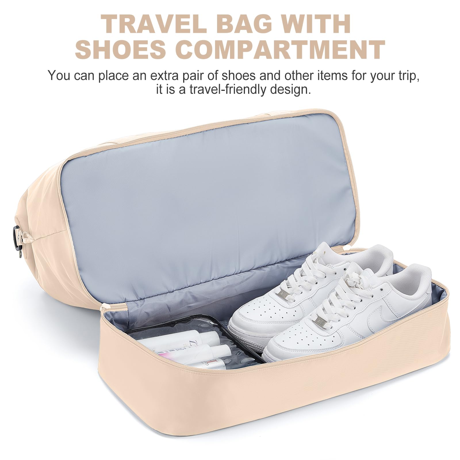 Borsone da Viaggio Donna, Bagaglio a Mano Borsa da Viaggio con Scomparto per le Scarpe, Borsa Sportiva Borsone da Palestra Grande, Borsa da Weekend, Borsa per Ospedale,C5 beige