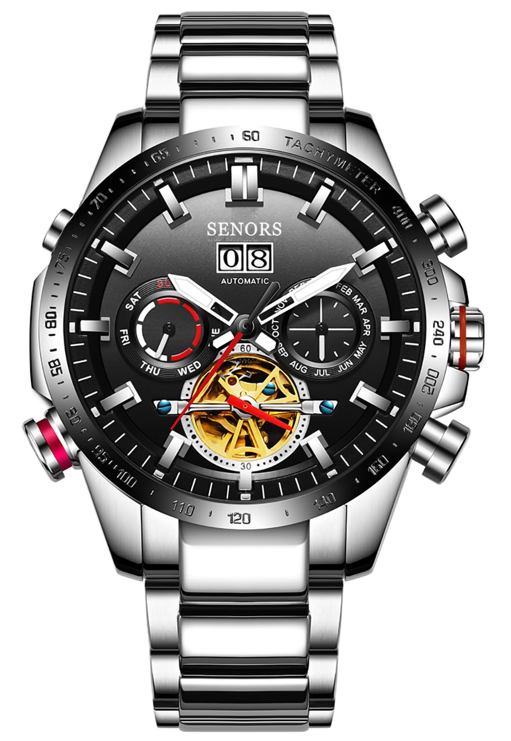 B BINGERSenors Men's Automatic Watch Mechanical Complications Luminous Bracelet Band