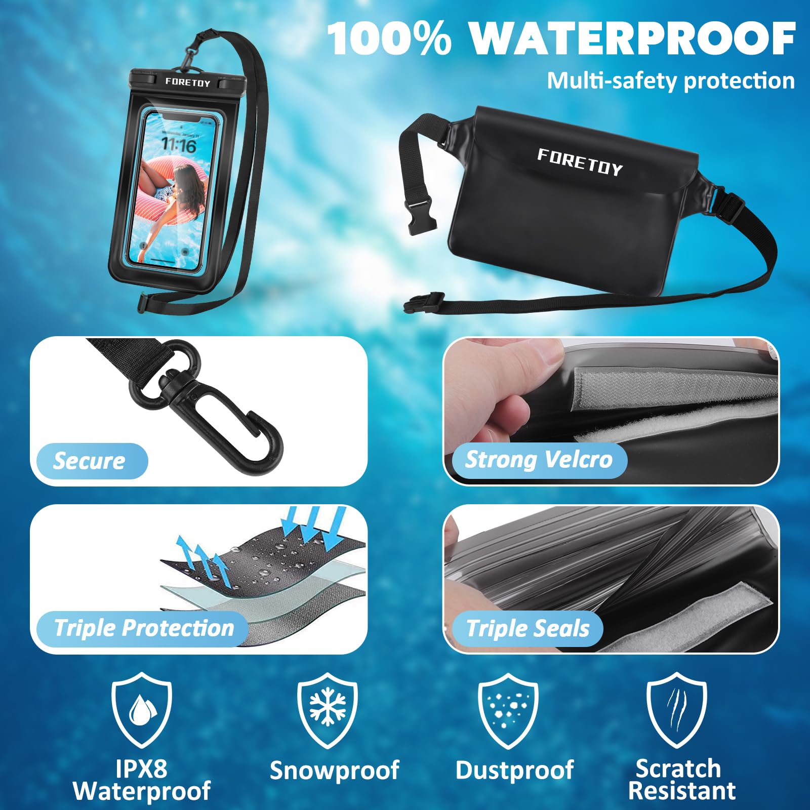 Borsa Impermeabile Mare, Custodia Impermeabile Smartphone, Sacca Stagna, Dry Bag, IP68 Marsupio Subacquea Impermeabile con Cintura Regolabile per Spiaggia Nuoto, Canottaggio, Pesca, Escursioni