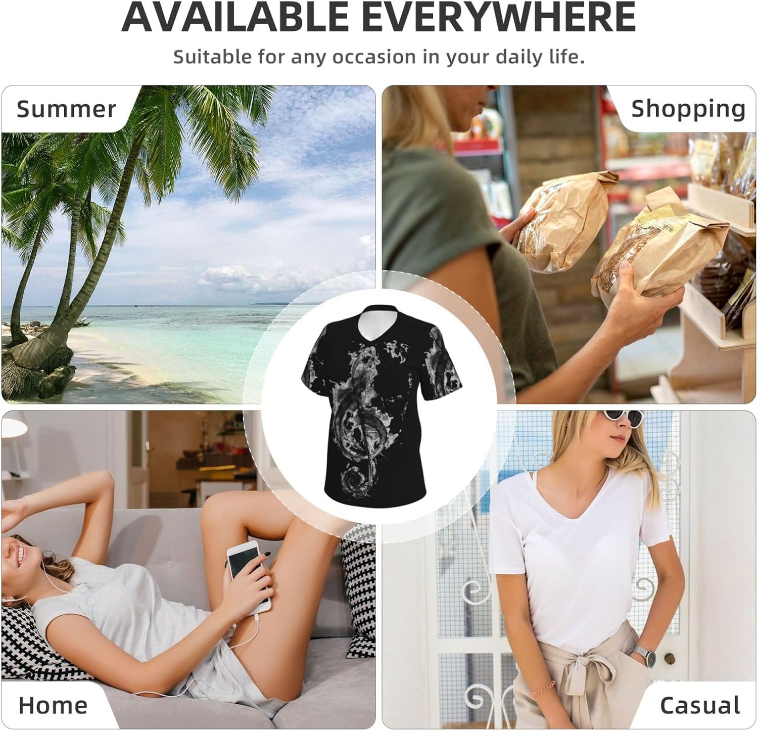 Women Casual Black Smoke Music Print V-Neck T-Shirt Short Sleeve Summer Trendy Tops.