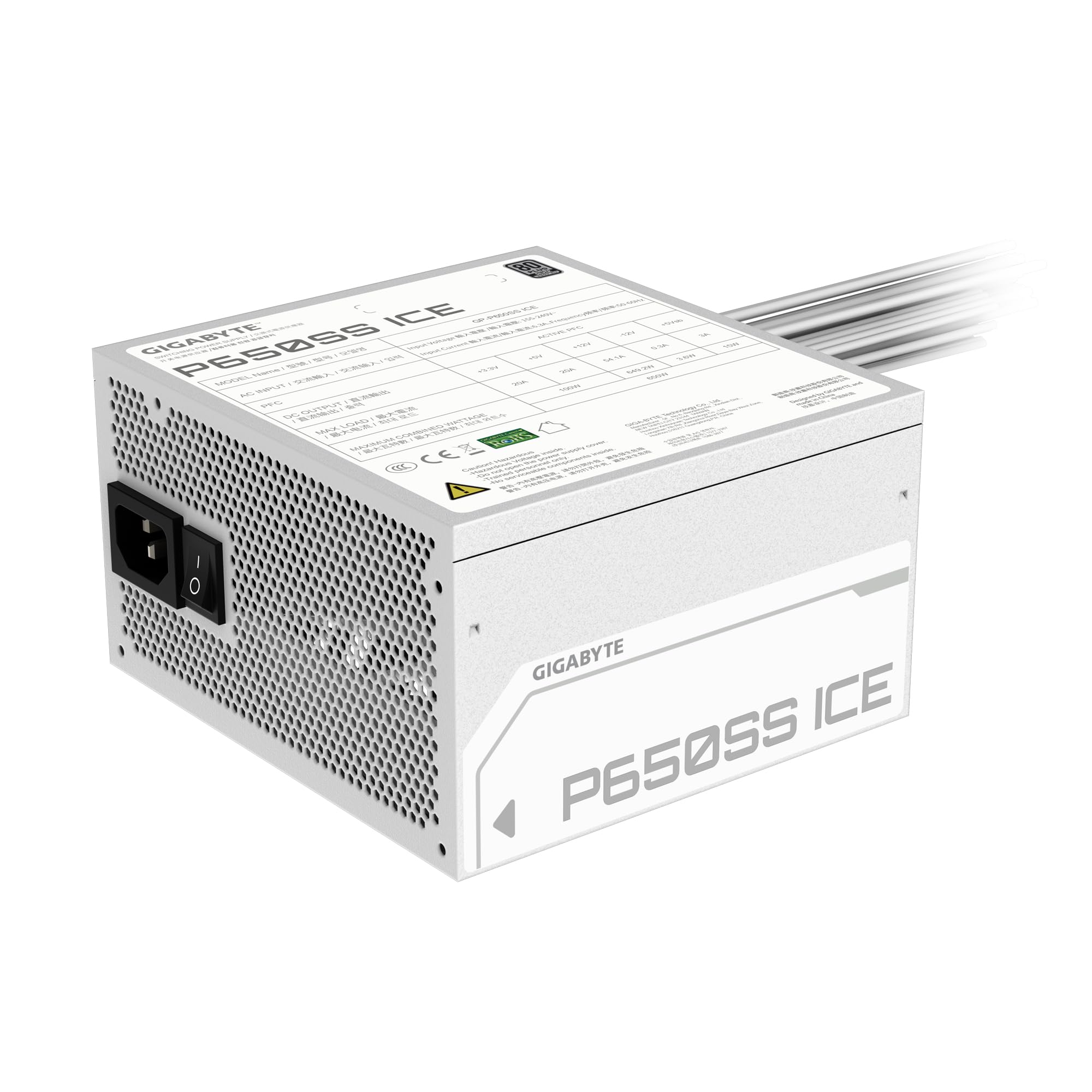 GIGABYTE P650SS Ice Bloc d'alimentation - PCIe 5.0, 80 Plus Silver, Design entièrement modulaire, Ventilateur 120 mm, Compatible ATX 3.0, Prise EU