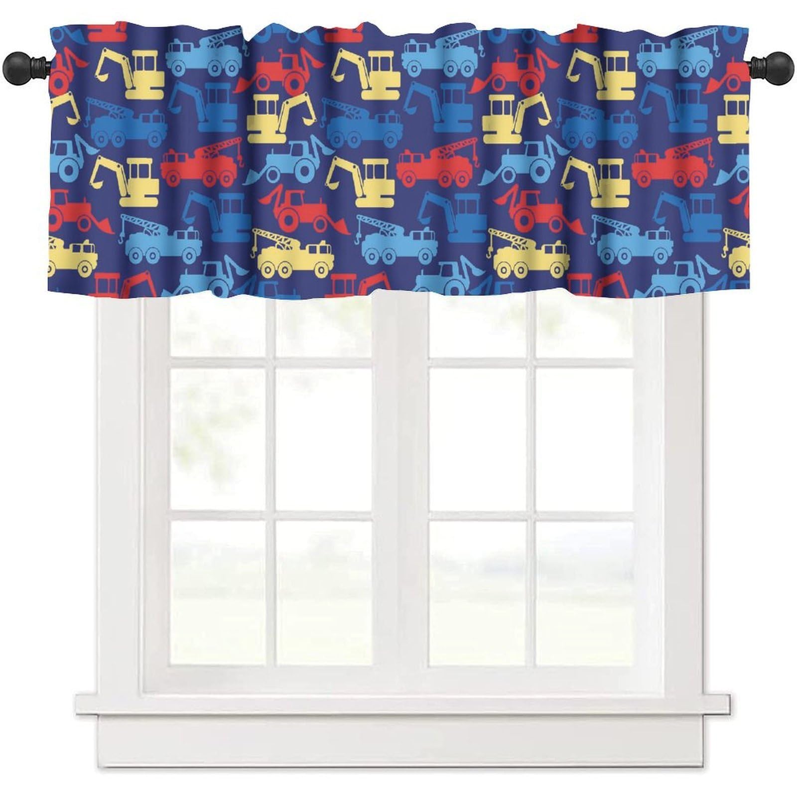 moderw Kids Construction Curtain Valance, Cartoon Excavator Work Trucks in Blue Window Treatment Valance for Girls Boys Bedroom Living Room 54x18inch