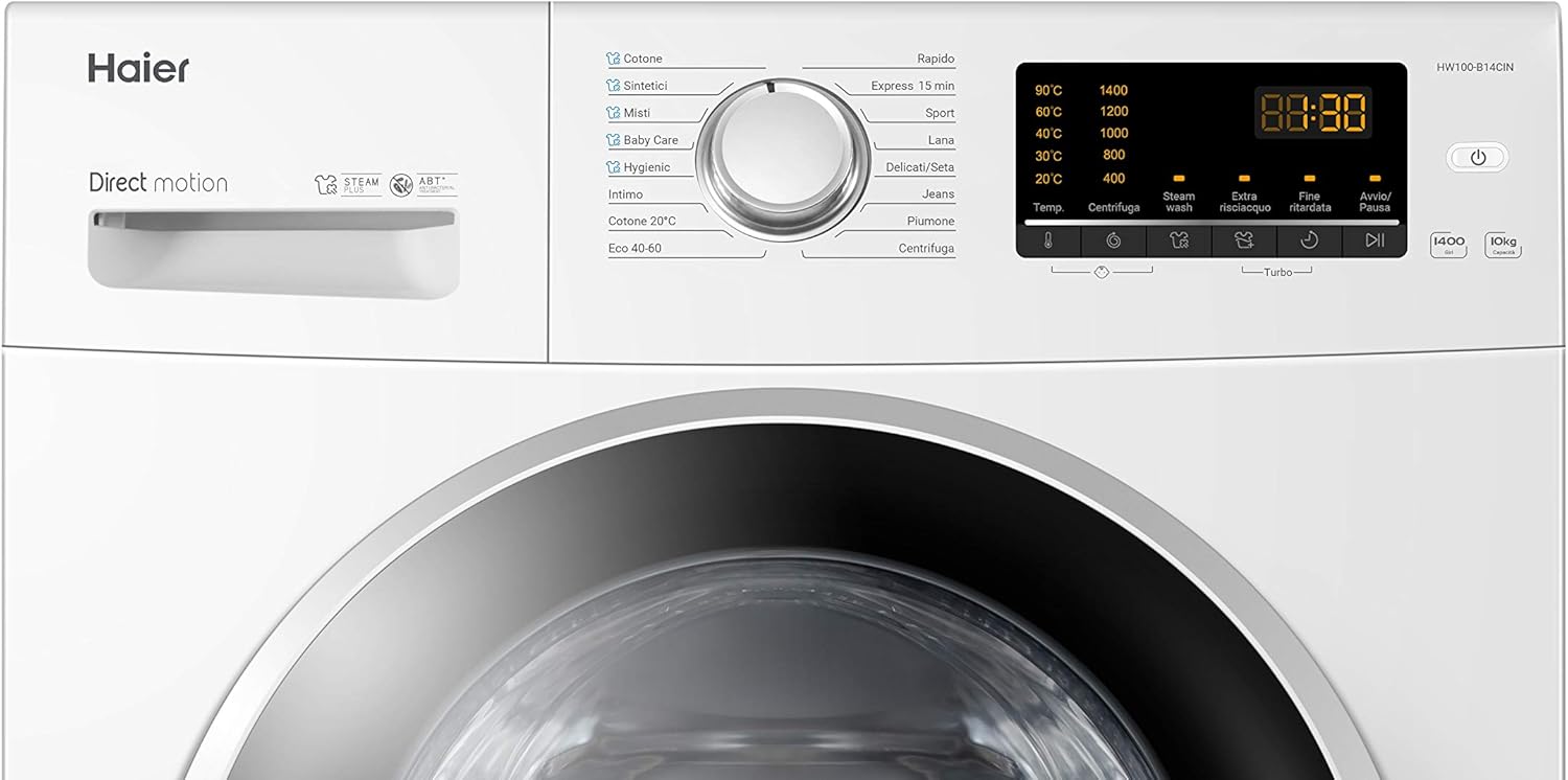 Haier HW100-B14CIN, Lavatrice 10 Kg, Carica Frontale, 1400 Giri, Motore Direct Motion, Trattamento Antibatterico, Classe A, Bianco, 59x60x85 cm Haier HW100-B14CIN, Lavatrice 10 Kg, Carica Frontale, 1400 Giri, Motore Direct Motion, Trattamento Antibatterico, Classe A, Bianco, 59x60x85 cm