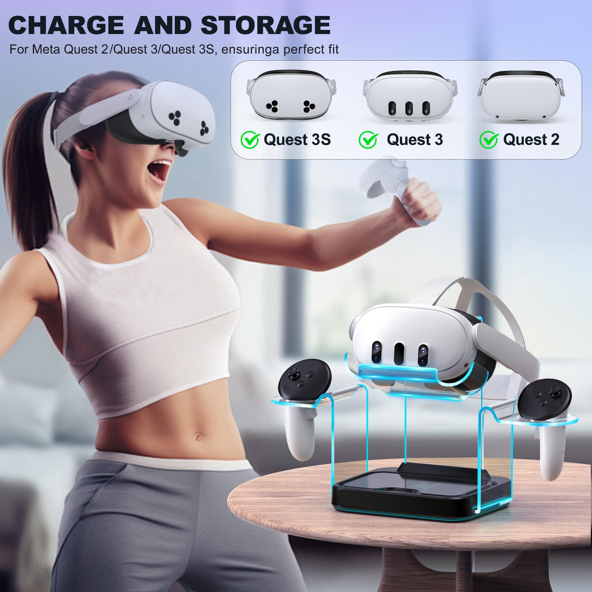 Ladestation für Meta Quest 3/3S/2 mit 4 wiederaufladbaren Controller-Akkus, Luxuriöse VR-Headset-Ladestation mit LED-Licht, USB-C-Kabel, 15W Adapter, für Meta Quest 3, 3S, 2, Oculus 2
