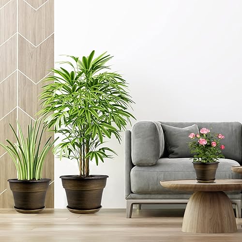 Miniatura 6 de Juego de 4 macetas de 11 pulgadas, macetas de plástico para plantas de interior con agujeros de drenaje y bandejas, juegos de contenedores