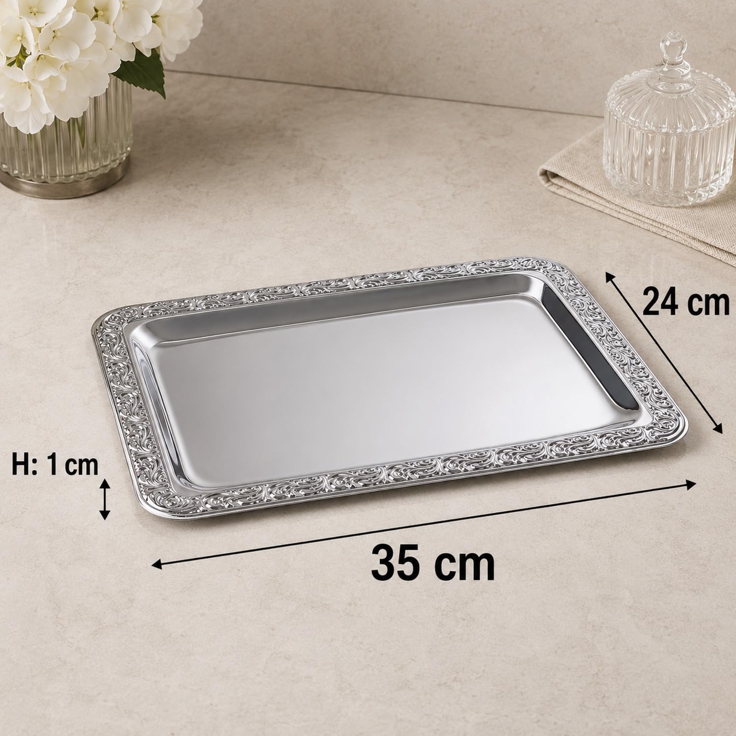APS Bellissimo essen, vassoio in acciaio inox con bordo decorativo, 35 x 24 cm, rettangolare