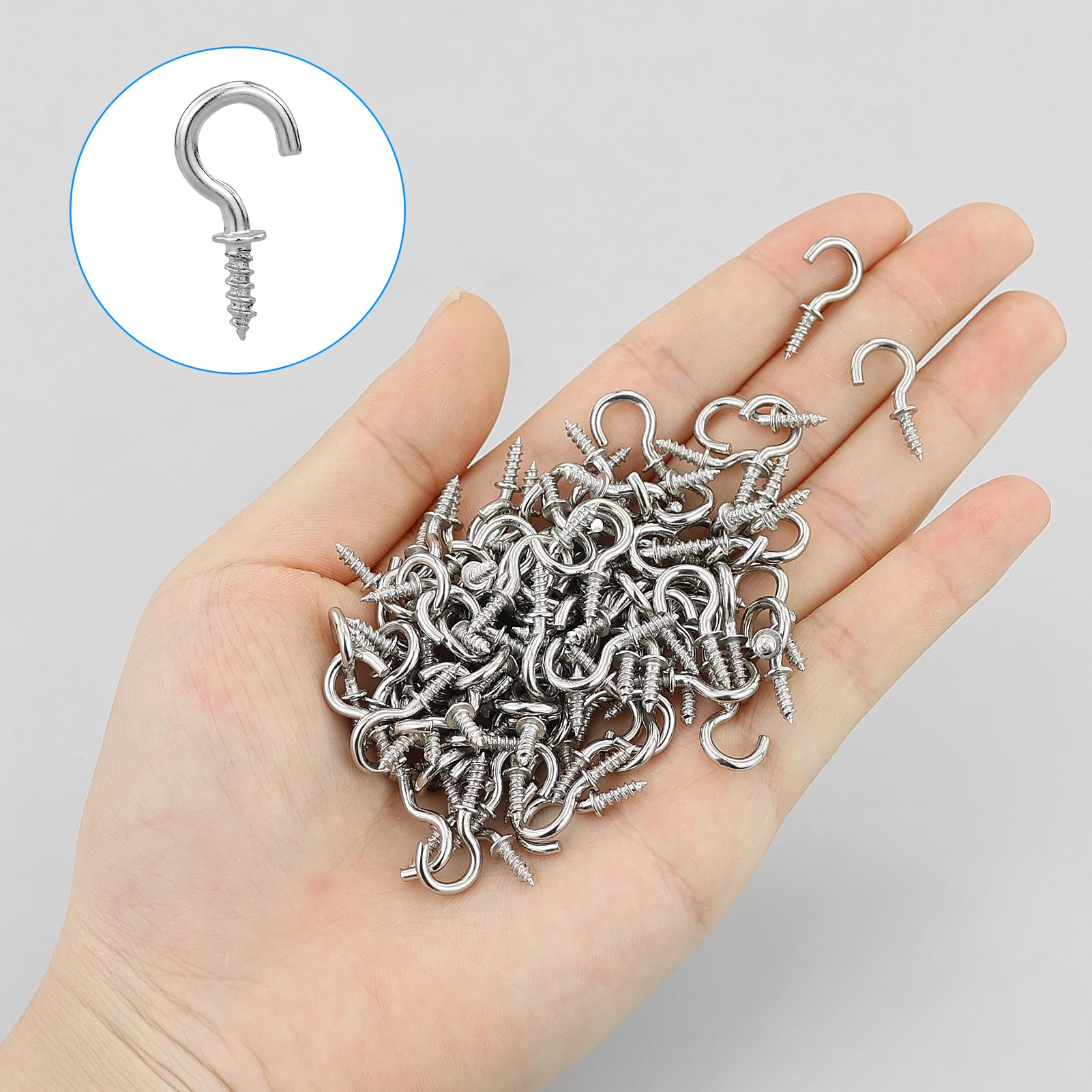 100 ganci a vite in acciaio inox M1,9/20 mm, ganci in nichel per viti, piccoli ganci da soffitto, ganci da parete, ganci per bicchieri, ganci in metallo, per casa, ufficio e esterni, colore argento