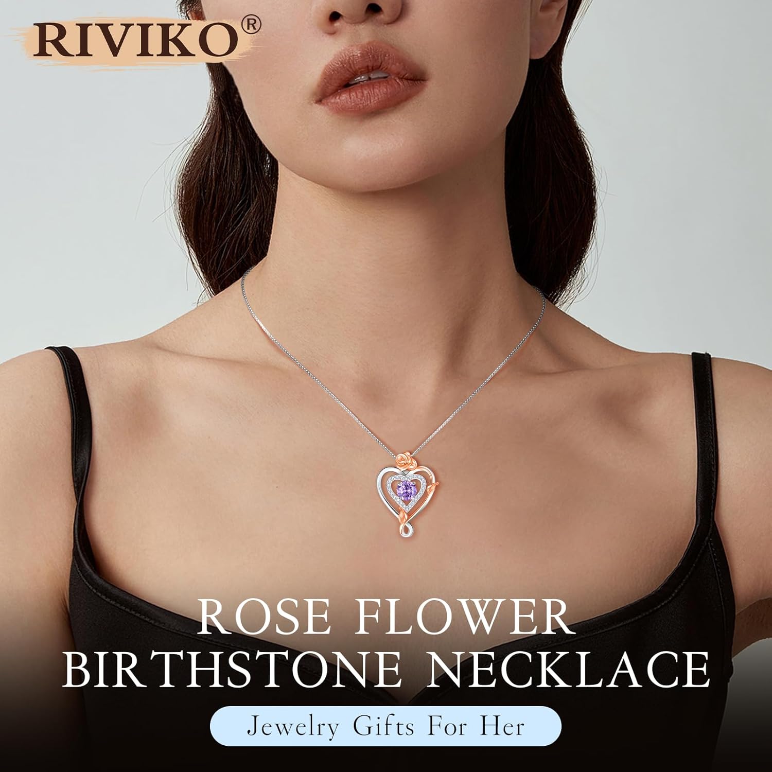RIVIKO Infinity Heart Symbol Rose Birthstone Necklace for Women,925 Sterling Silver Heart Pendant Necklaces,Anniversary Valentines Jewelry Birthday Mothers Day Gifts for Mom Her Wife Women Girlfriend - Image 4
