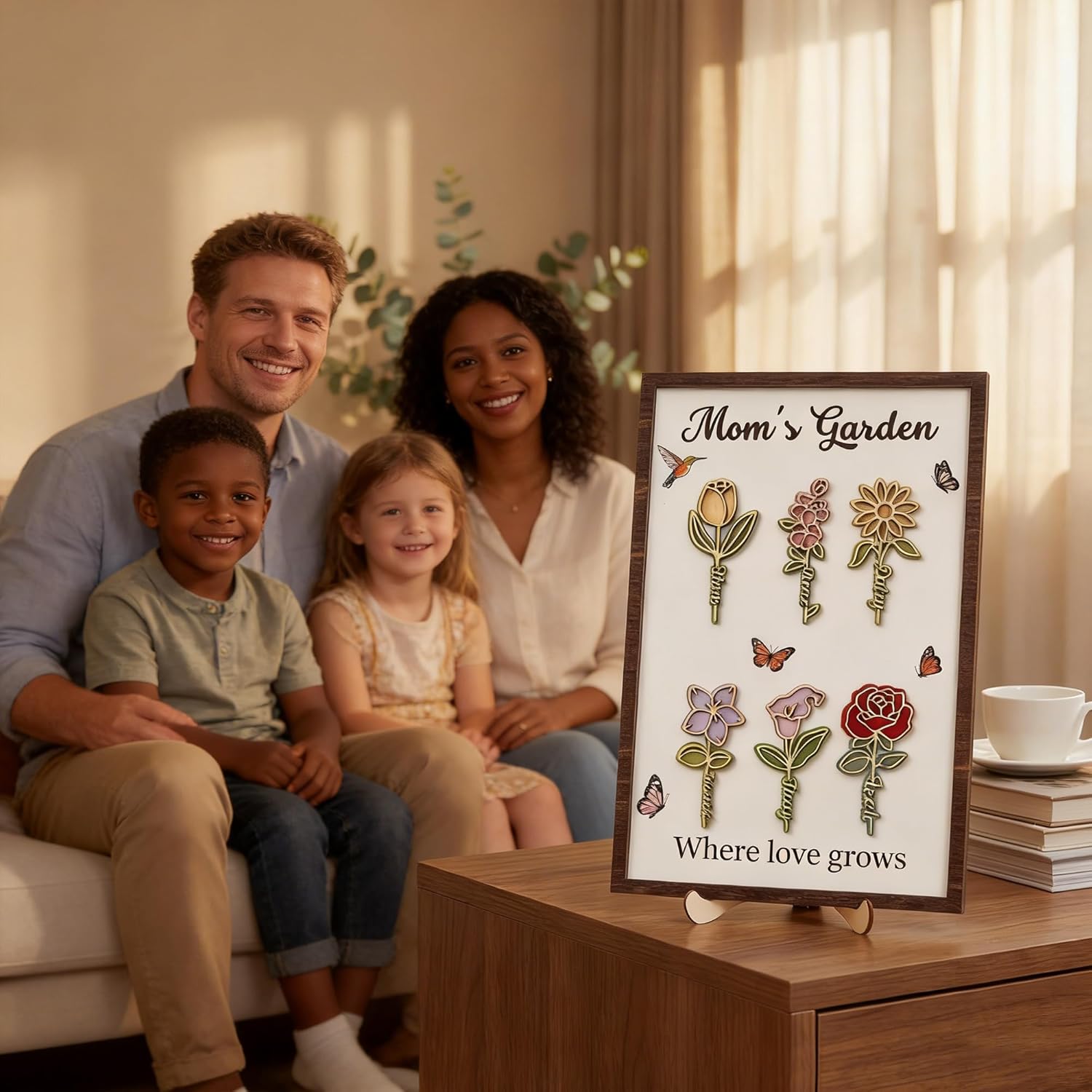 Personalized Birth Flower Signs with Names, Custom Wooden Wildflower Frame with Stand, Custom Wooden Flower Name Sign Home Desk Decor, Birthday Mothers Day Gifts for Mom Grandma Nana, 4 Sizes