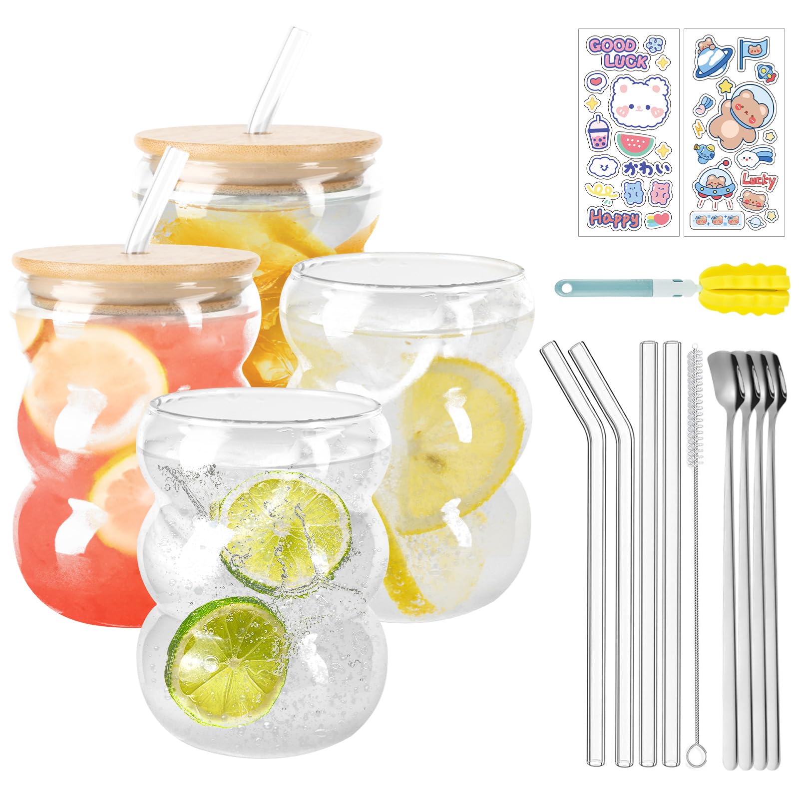 Lot De 4 Verres à Café 550 Ml - Tasses En Verre Avec Pailles Et Brosses - Design Vague - Pour Café Glacé, Cocktail, Thé, Jus