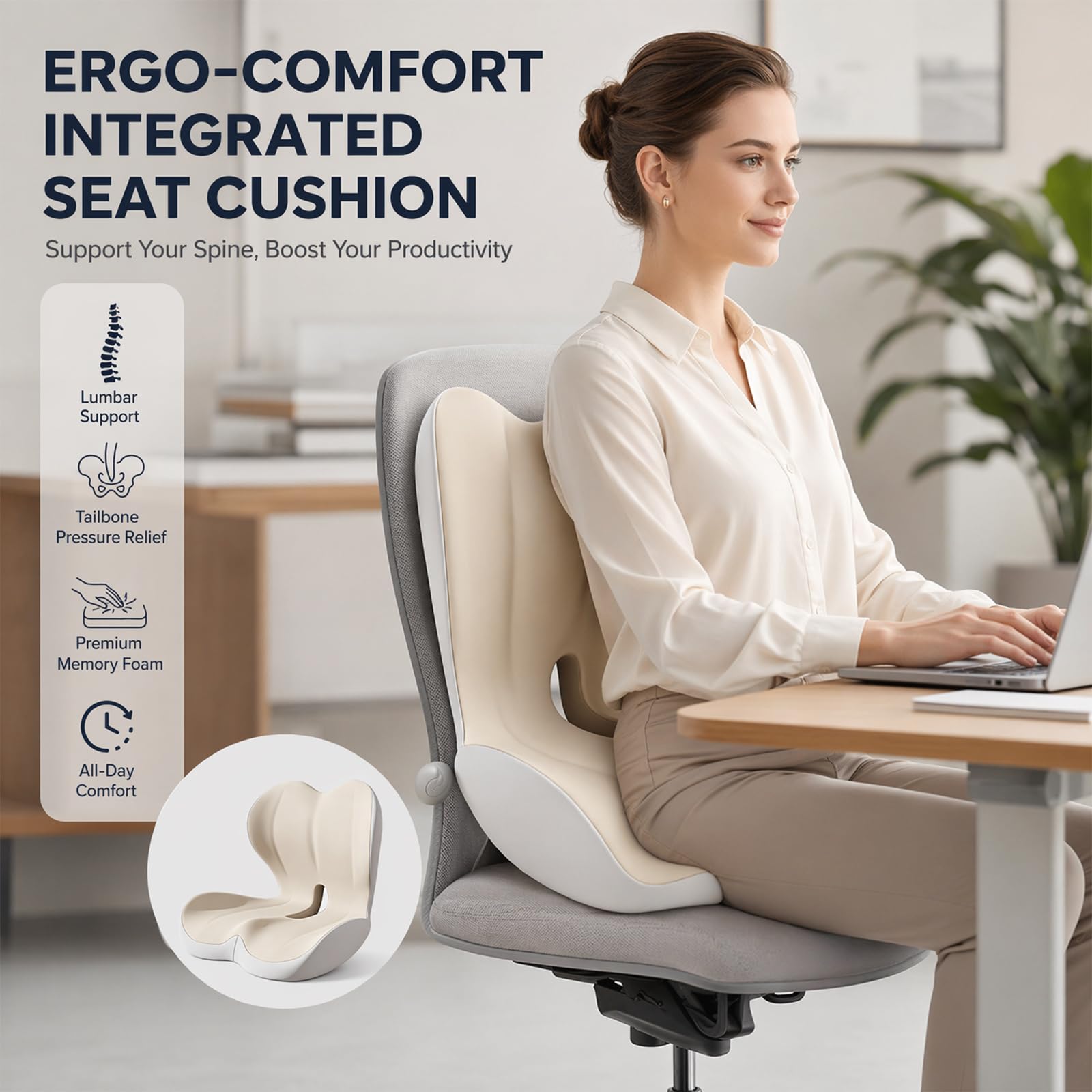 Cojín ergonómico con respaldo, cojín de espuma viscoelástica para silla de oficina y coche, cojín ortopédico, cojín de asiento transpirable para oficina en casa, juegos y asiento del conductor