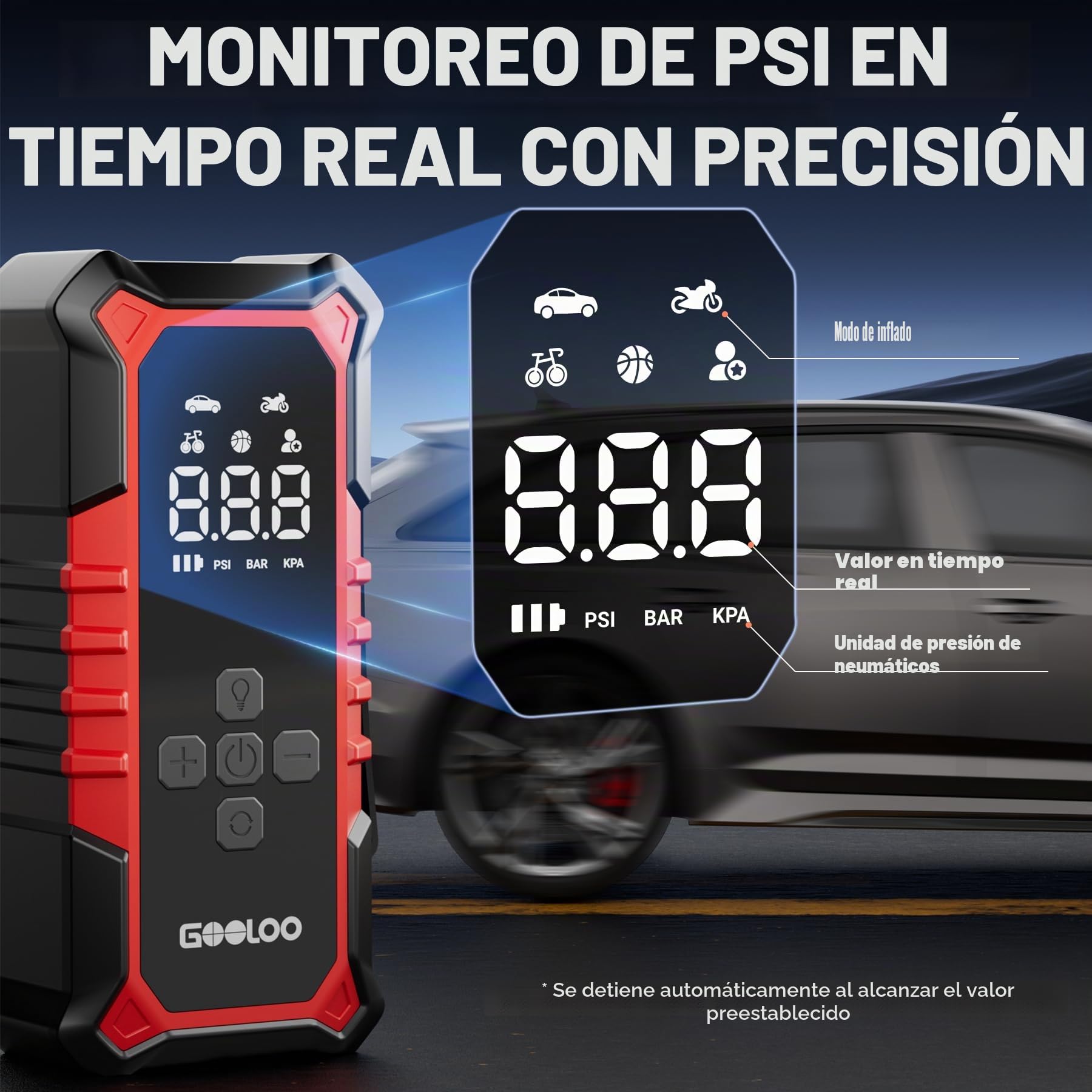 GOOLOO A6 Gear Mini Compresor Eléctrico 160PSI Pantalla Digital | Bomba Portátil 11 Bar, Apagado Automático, Inflador Electrico Con Luz LED, Para Bicicleta, Coche, Moto Y Balones