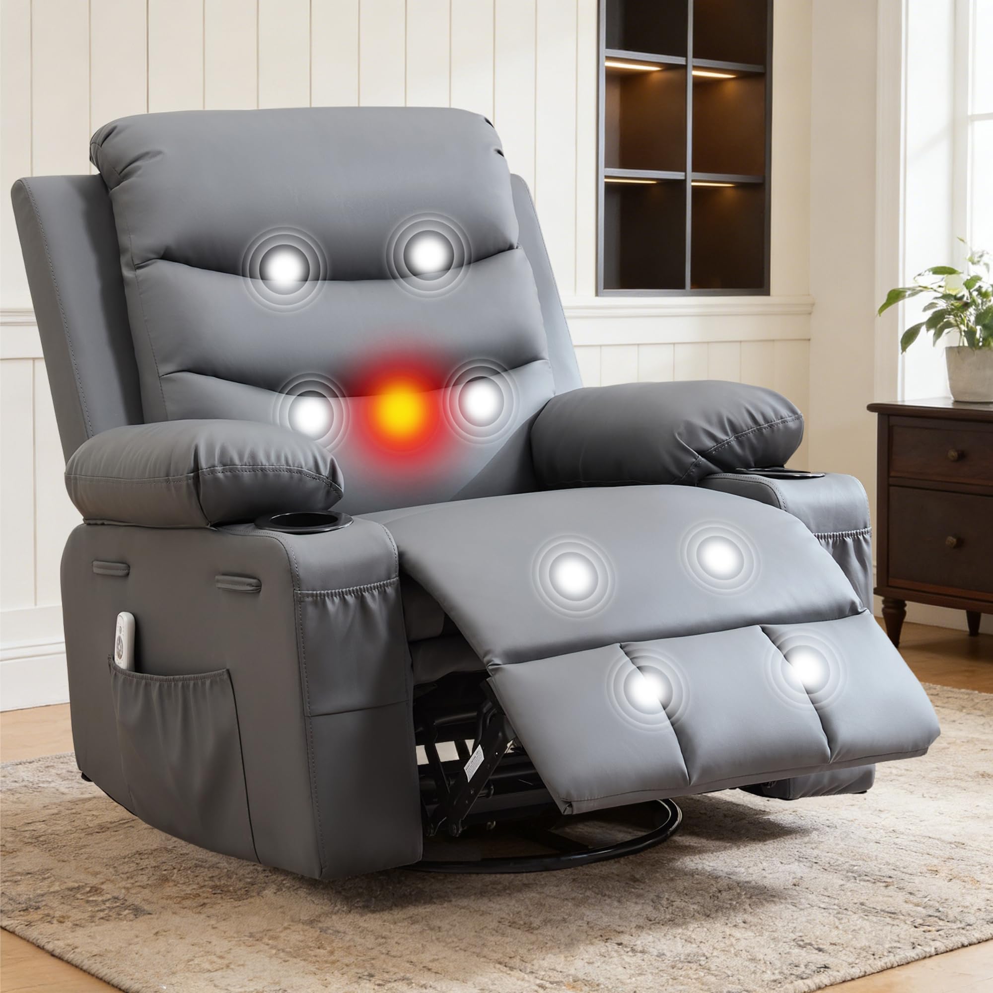 IDEALHOUSE Rocker Recliner Chair with Massage and Heat, Swivel Reclining Sofa with Cup Holder, Side Pockets, Front Pockets, Rocking Chair for Living
