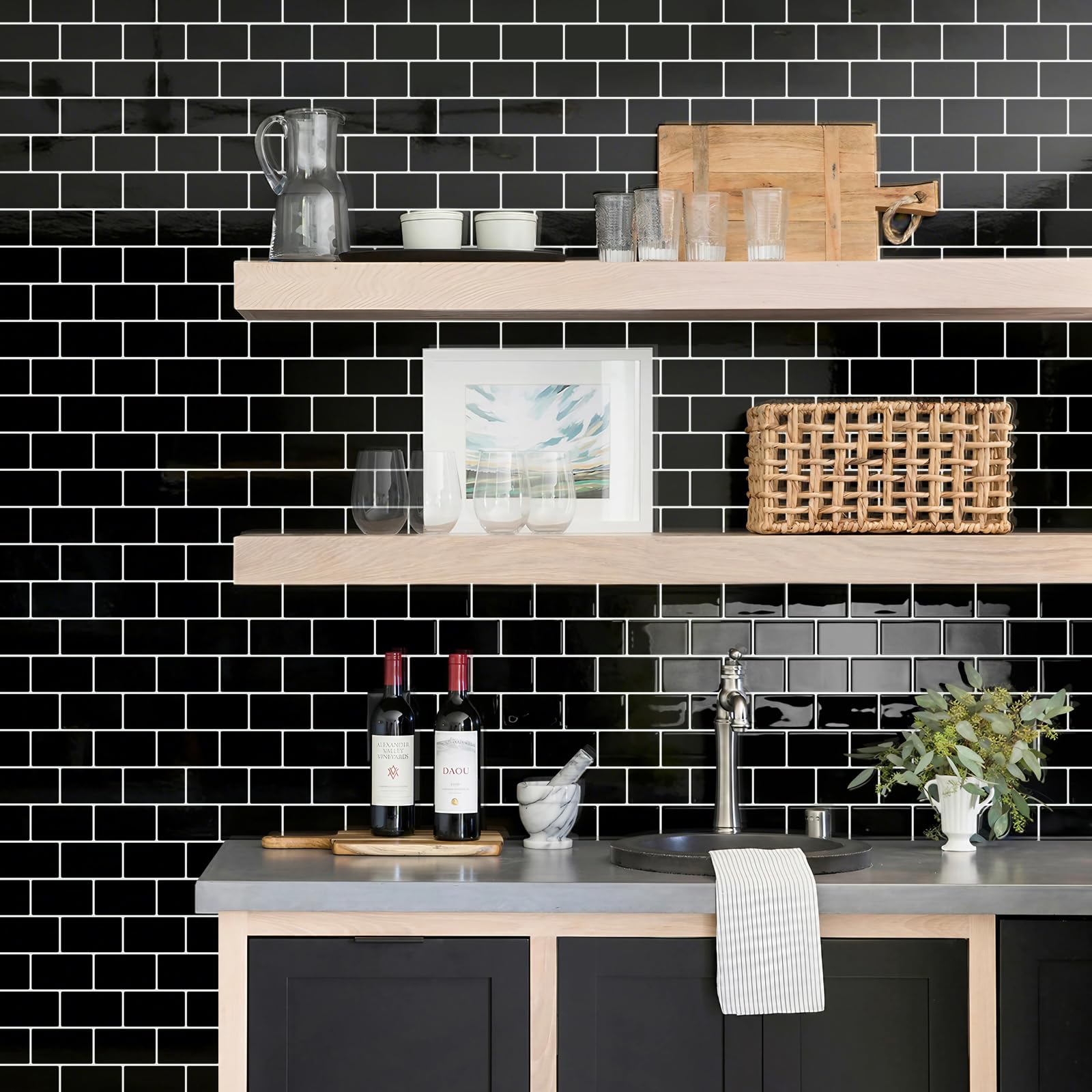 STICKGOO Peel And Stick Backsplash Subway Tiles – 10 Sheets Of 12x12 Inches, Thick 2-2.5mm, 3D Design, Waterproof & Heat Resistant, Black With Grey Grout