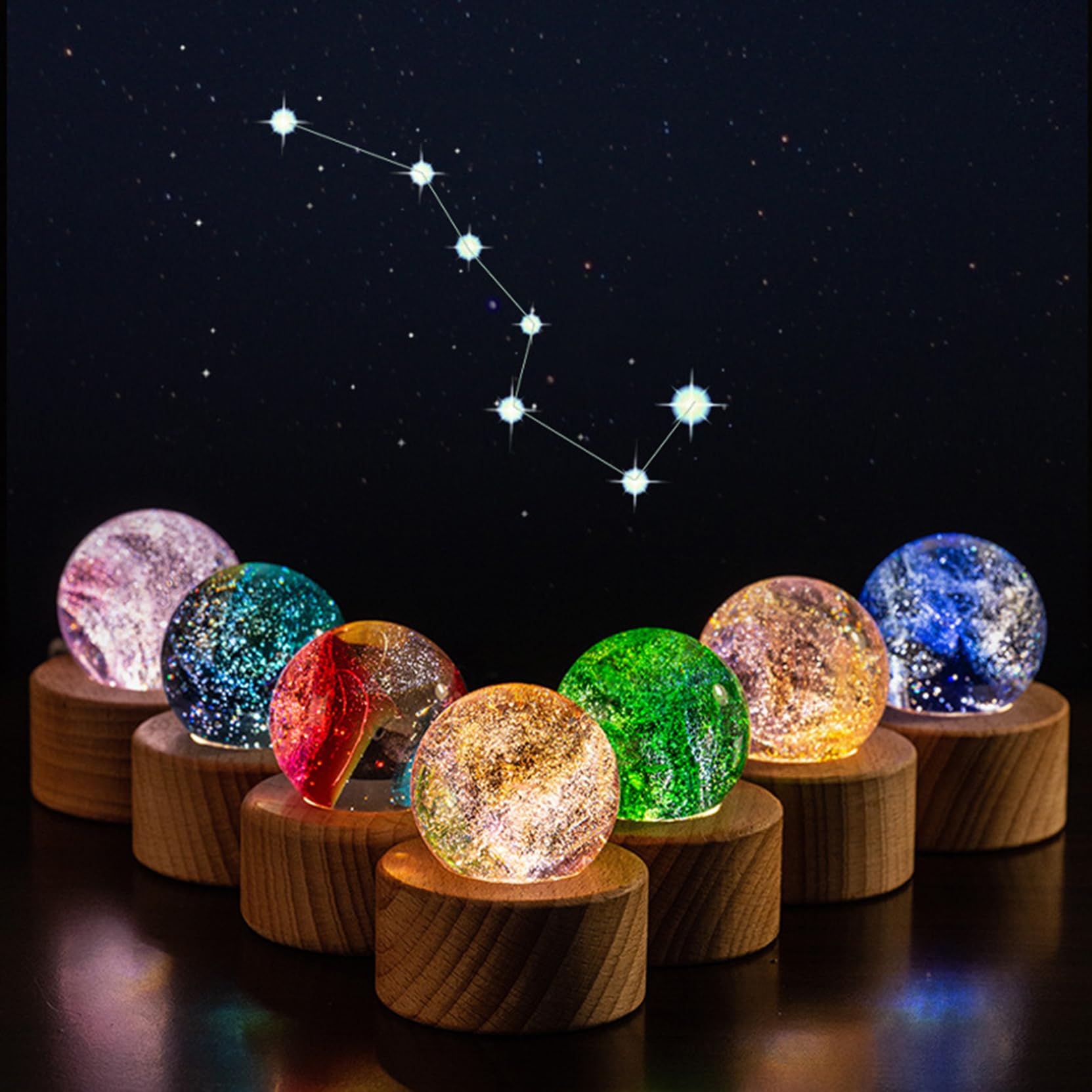 Luolety Boule De Cristal De Verre En 7 Couleurs Avec Lumière LED Sur Pied En Bois, 40 Mm, Quartz Chakra Cristal, Boules De Guérison, Boules Spatiales, Veilleuse Pour Un Usage Domestique (Planet,Bois