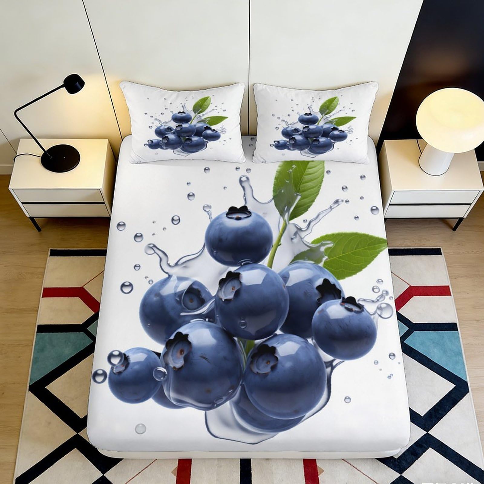 3D Printed Blueberry Splash Fitted Sheet Microfiber Mattress Cover Anti-Slip Machine Washable for Bedroom Guest Room Decor 140x200x25cm