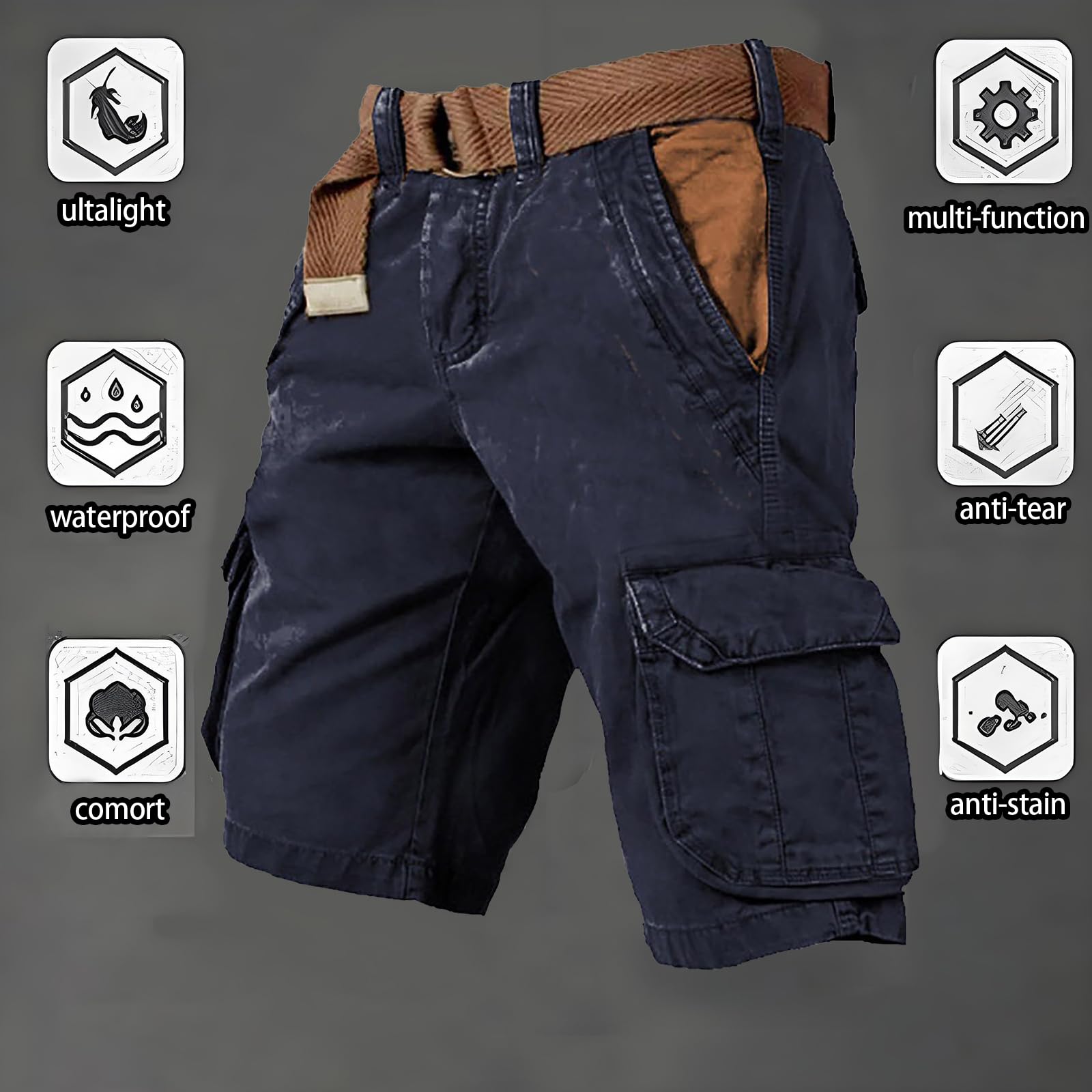 Pantaloncini Jeans Imitazione da Uomo Estivi Cargo Bermuda Larghi Senza Cintura Elasticizzati Shorts Sportivi Casual Pantalone Leggero Multi Tasche Pantaloni Chino