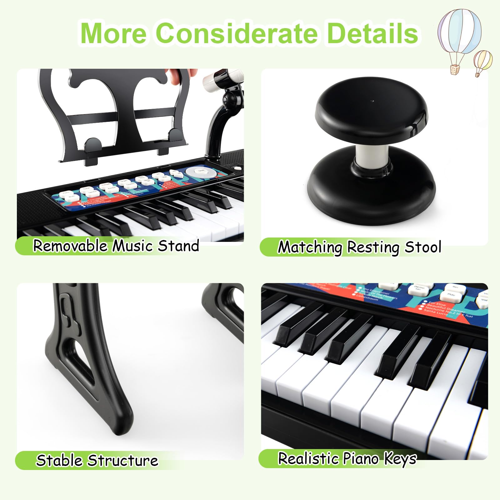 KOMFOTTEU Pianola Bambini Musicale Tastiera, Tastiera Digitale a 37 Tasti, Mini Tastiera con Effetti Luminosi e Microfono, Strumenti Musicali con Sgabello, 22 Battiti/4 Toni/4 Ritmi (Nero)