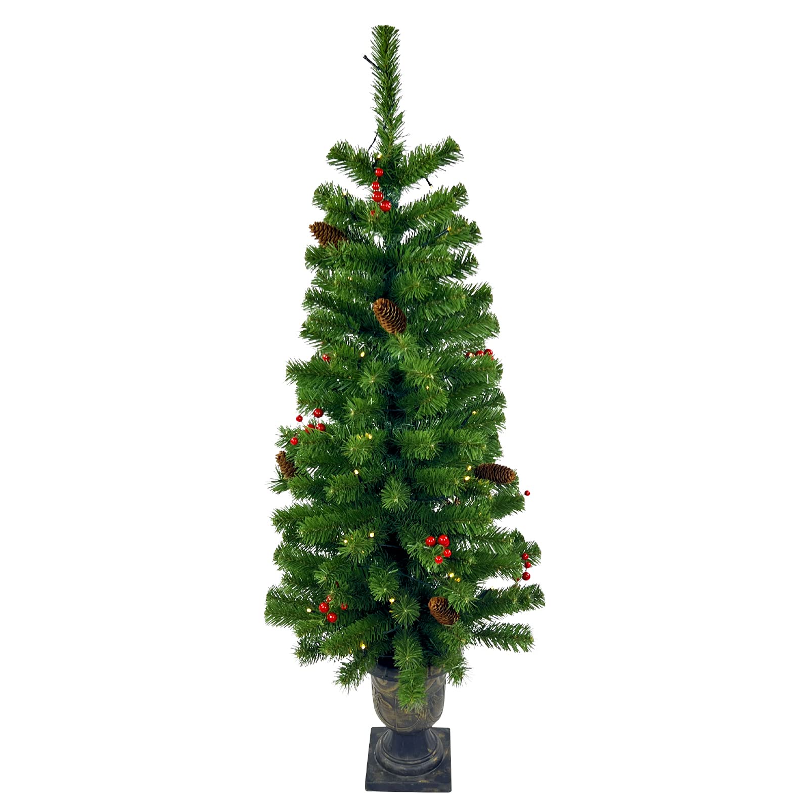 4ft Christmas Tree,Maylaviu Artificial Tree with LEDs Fairy Lights Gold Urn Base, Outdoor Indoor Trees Pine Cones and Red Berries for Front Door, Porch, Entryway Xmas Home Decorations, 1 Pack