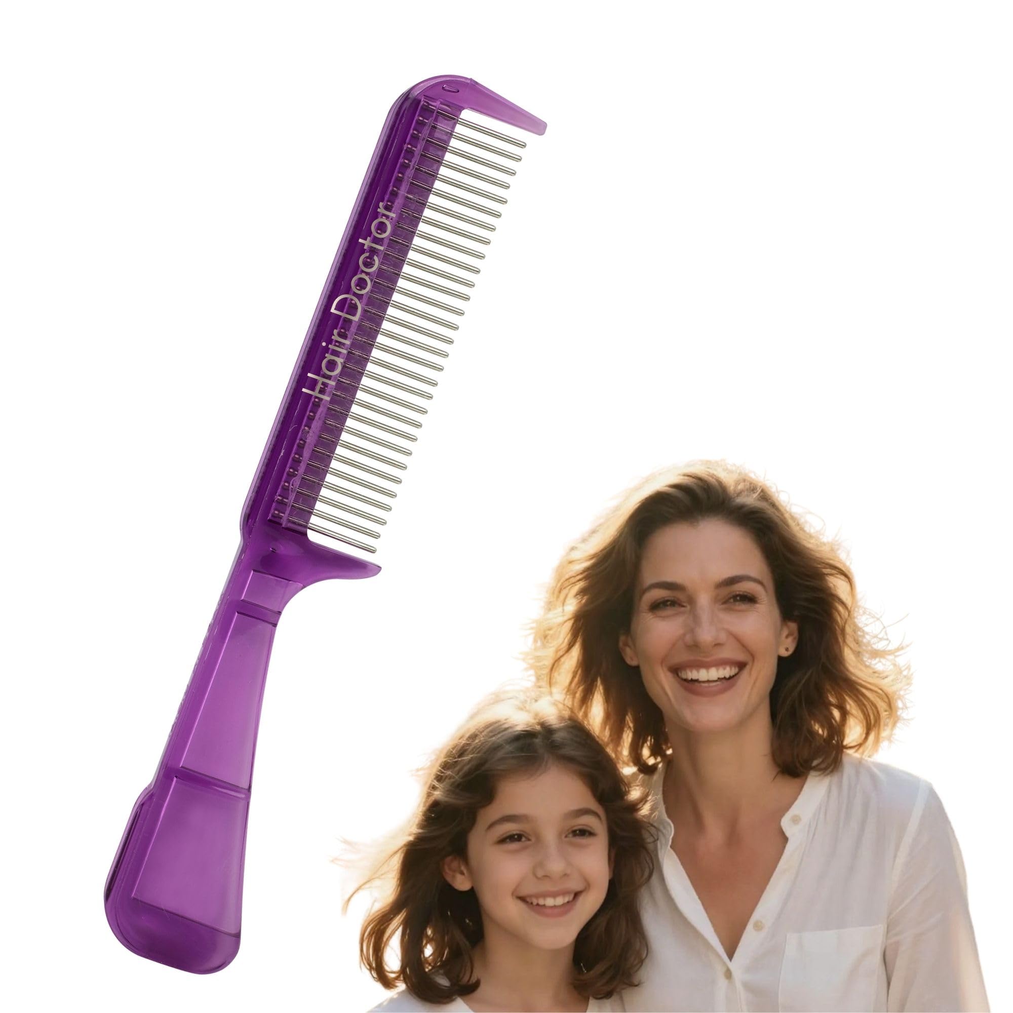 The Hair Doctor Handle Comb with Silky Smooth Rotating Stainless Teeth (30 Teeth, Royal Purple) - Reduces Hair Breakage and Loss