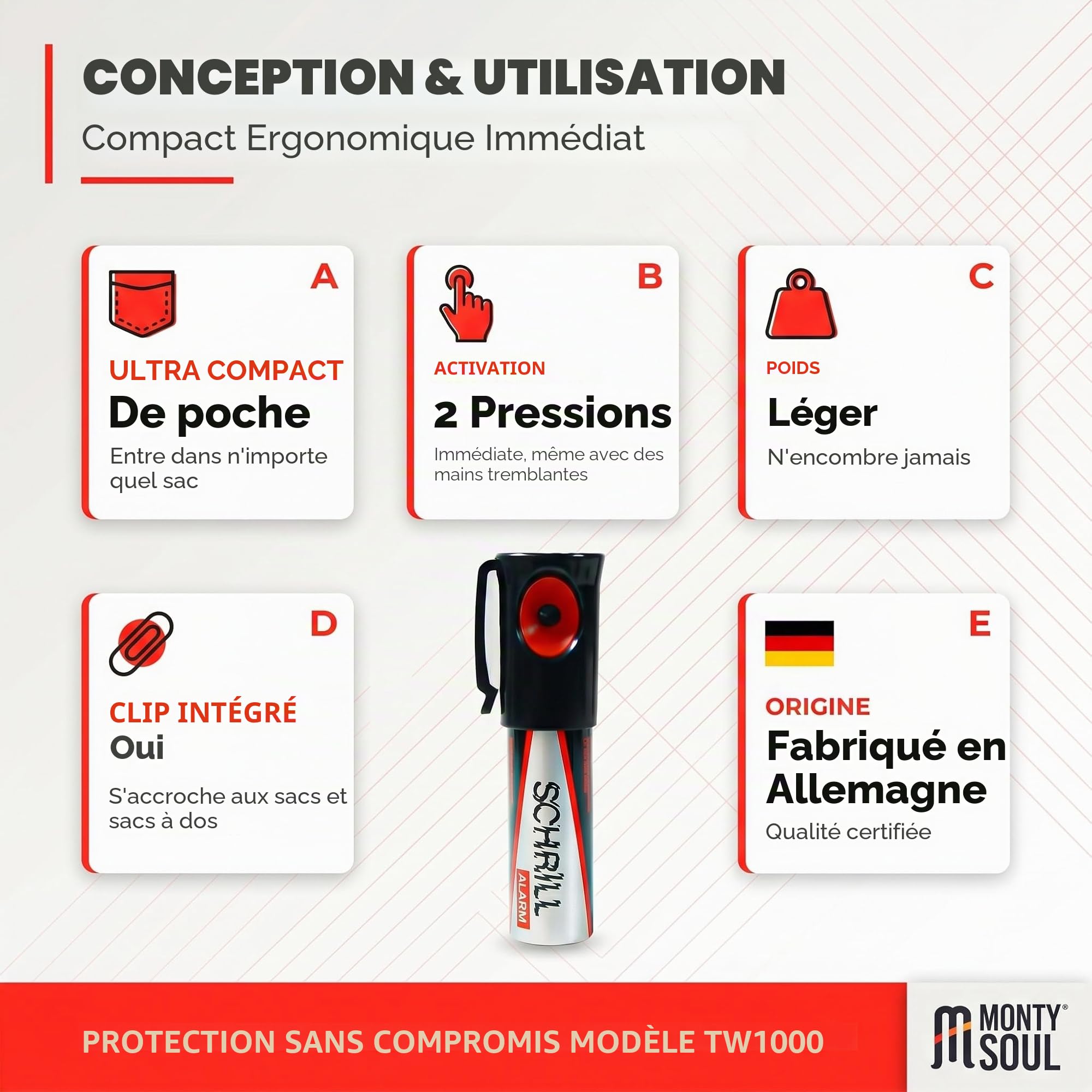 Dispositif de sécurité portable sans piles - Défense personnelle contre les personnes malveillantes et les animaux dangereux - Urgences et autodéfense - Fabriqué en Allemagne (1)