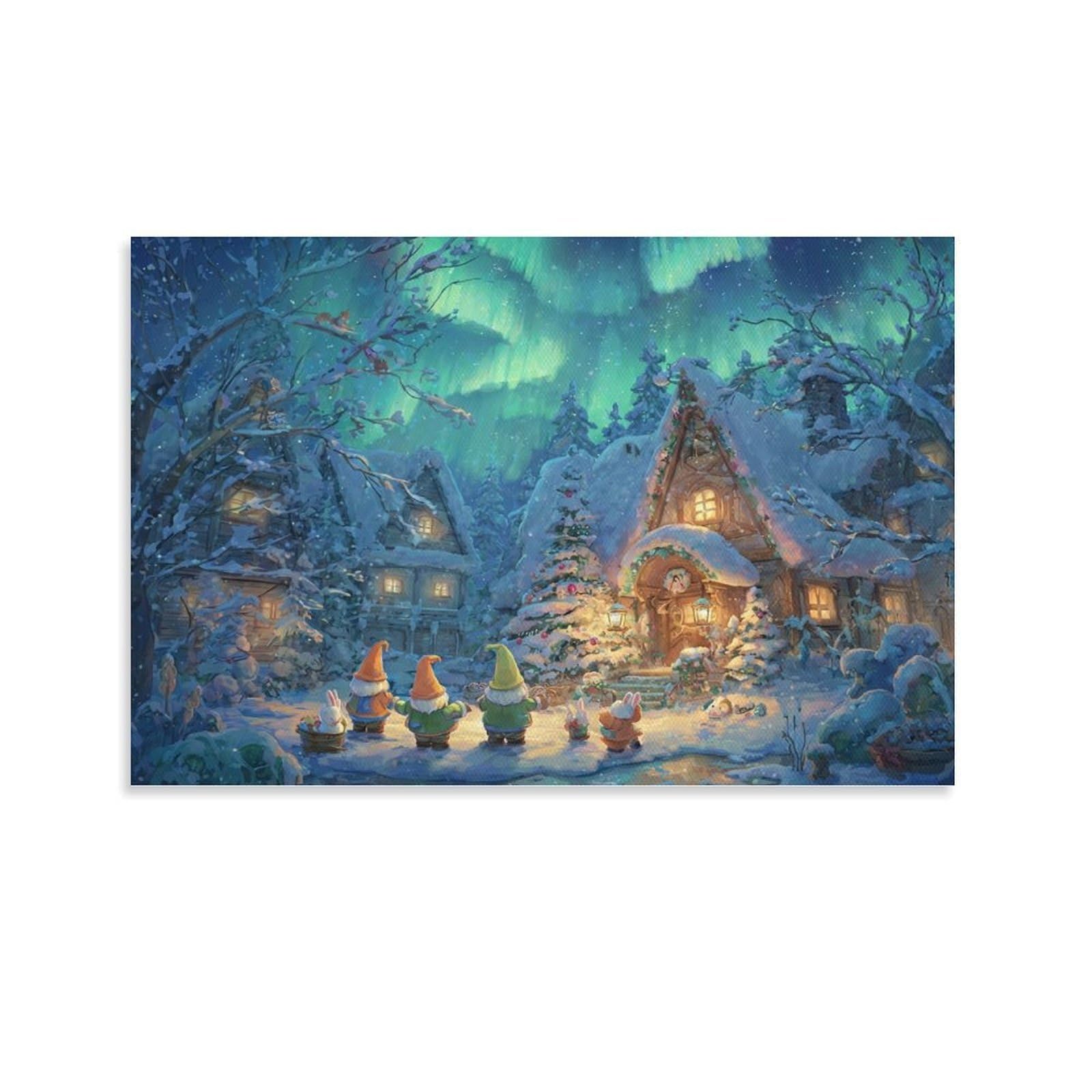CPLVKWRQJ Winter Village Scene Single Northern Lights Winter Village Art Framed Wall Art - Living Room Focal Point Ready to Hang Fade Resistant Wall Artwork 24x36inch(60x90cm)